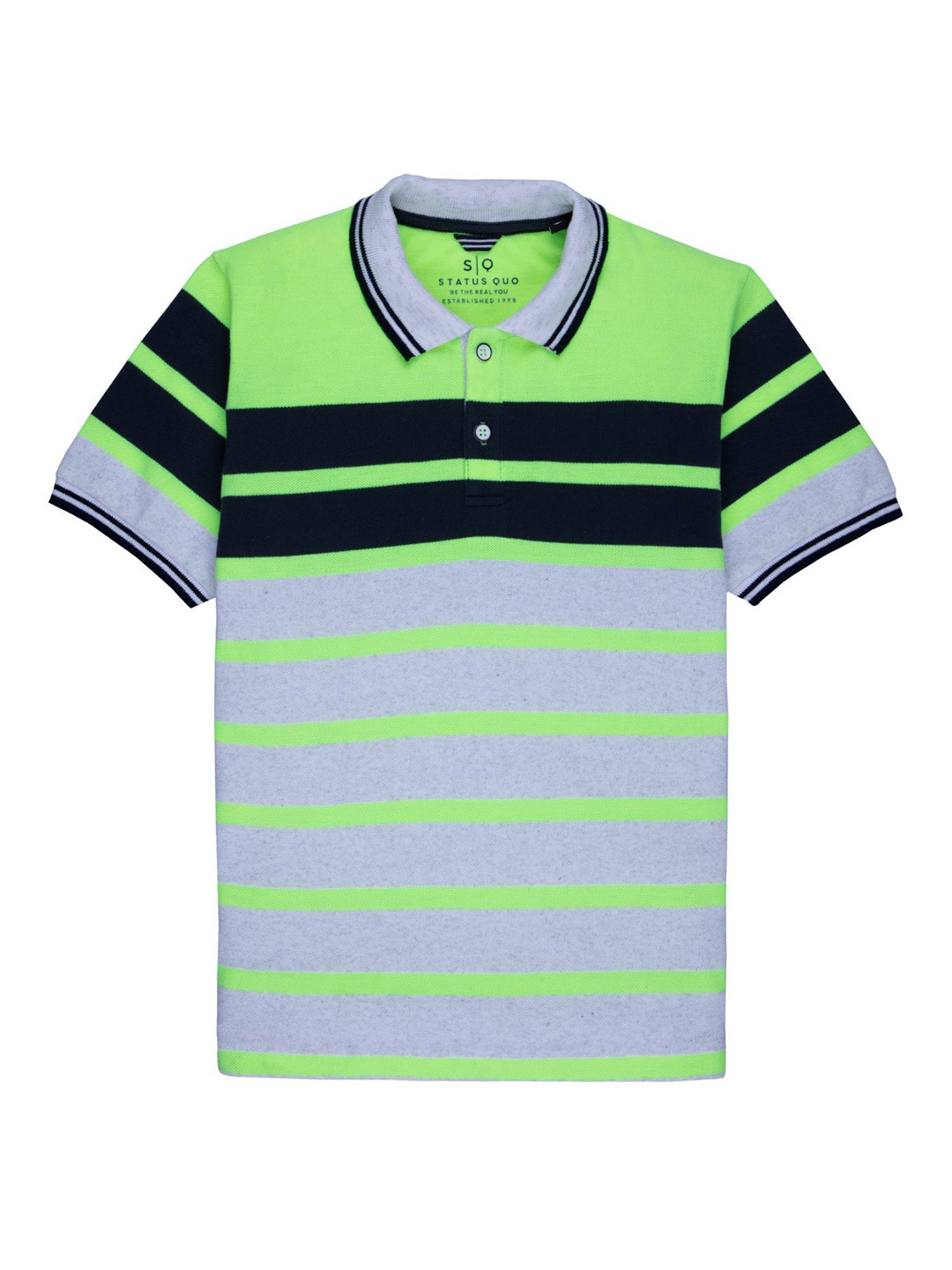Status Quo Boys Green & Grey Striped Cotton Polo Collar T-shirt
