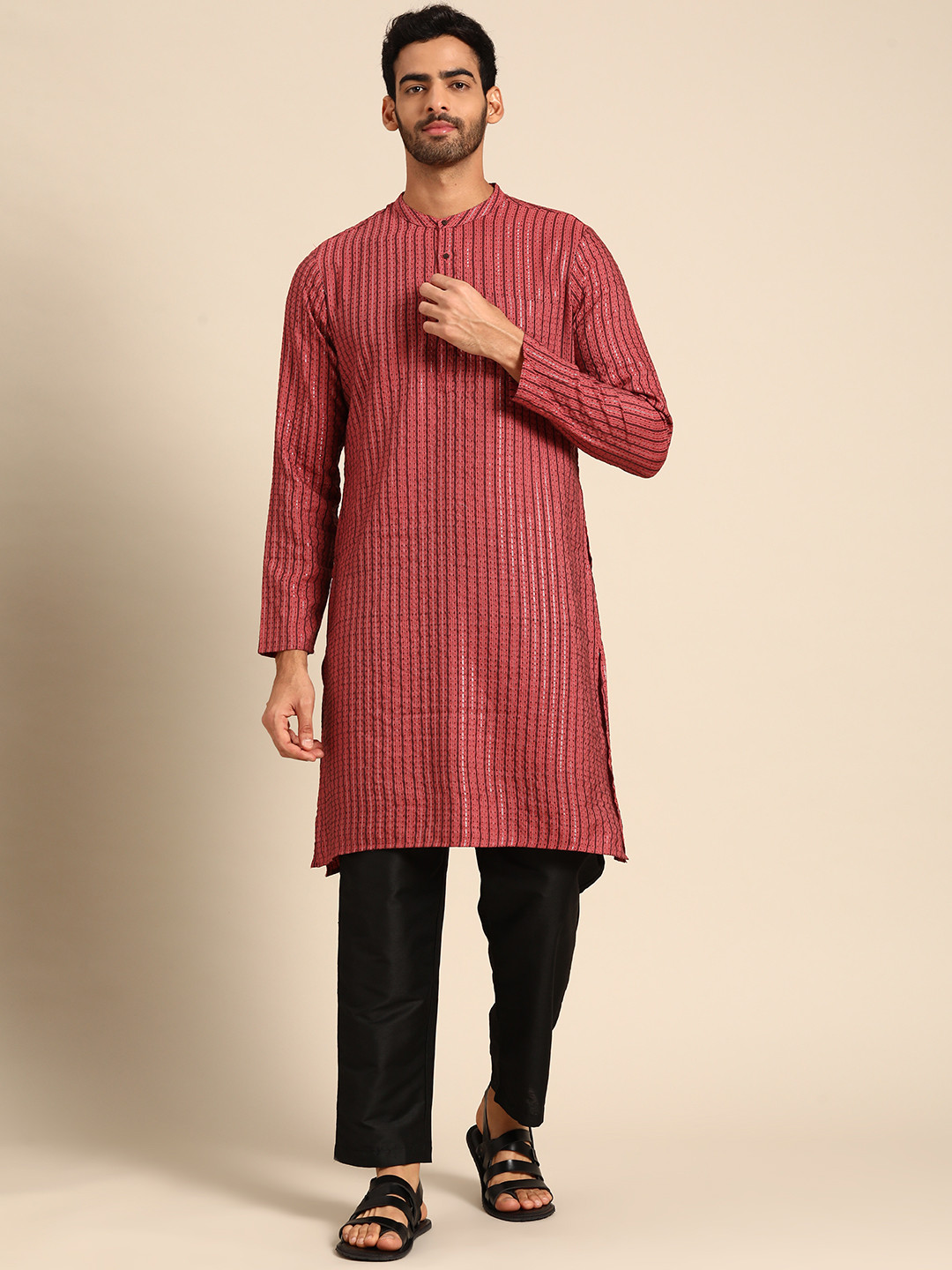 Anouk Men Rust Red & Black Woven Design Kurta with Trousers