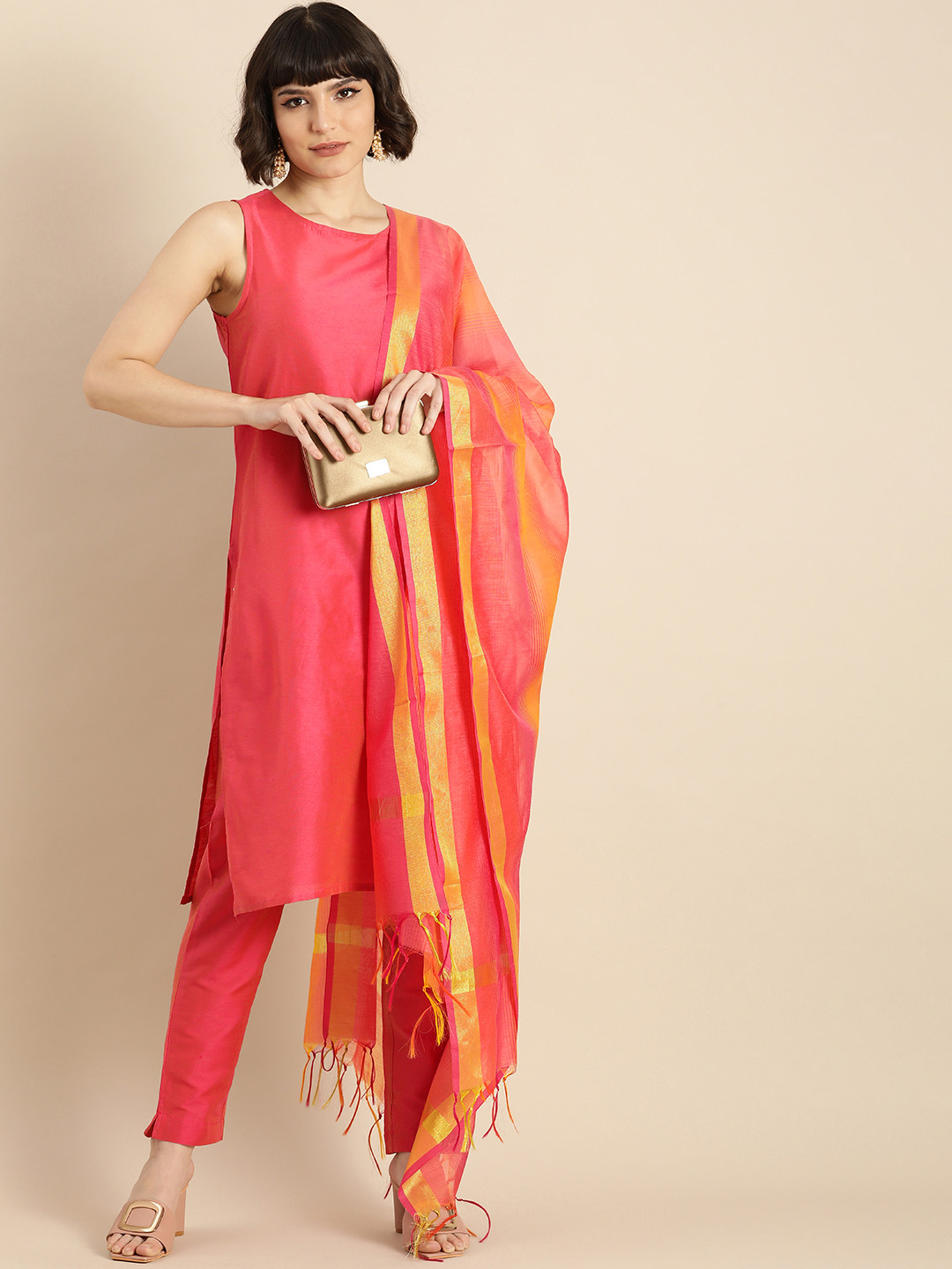 Anouk Women Coral Pink Kurta with Trousers & With Dupatta