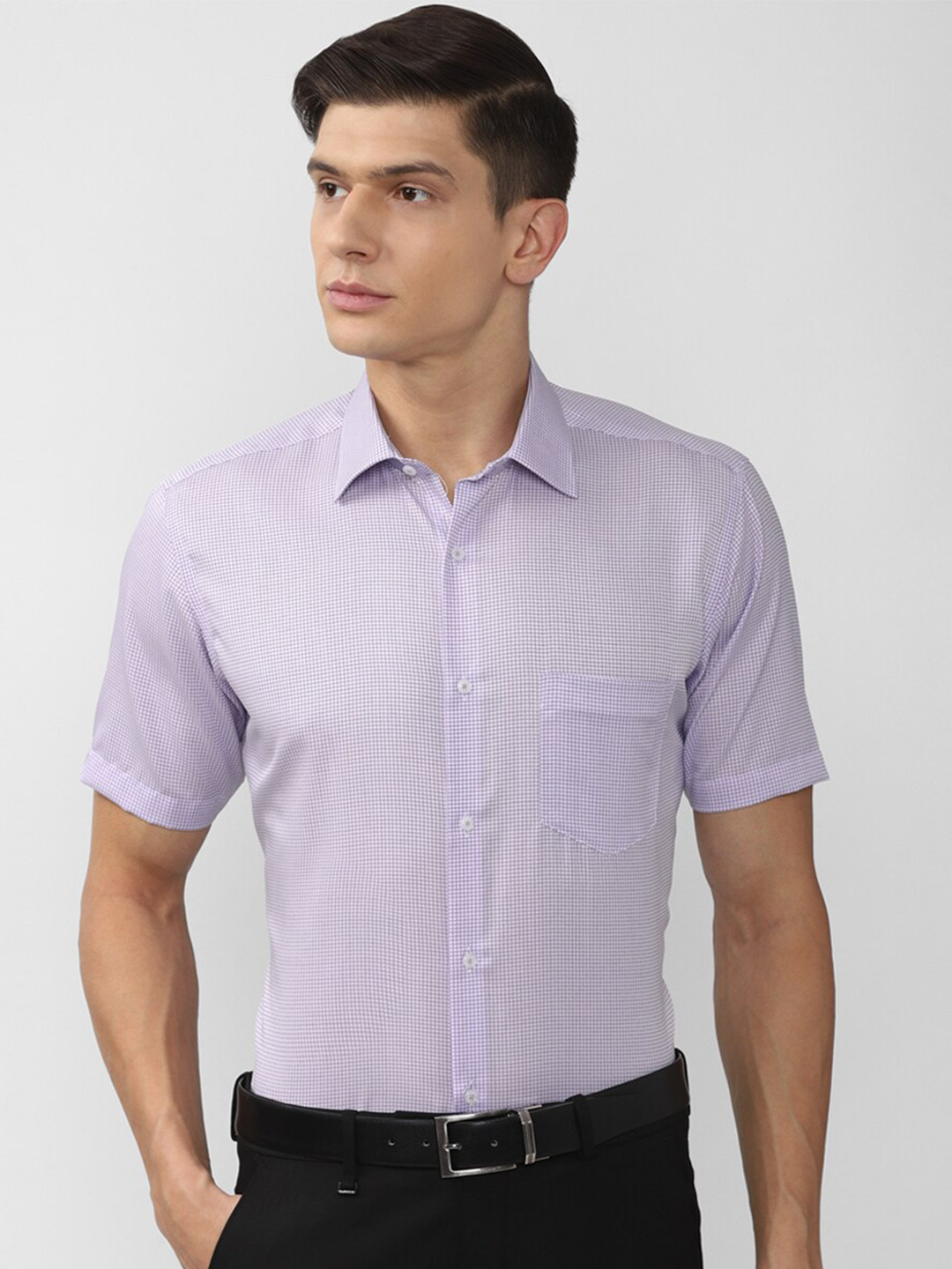 Van Heusen Men Purple Micro Checks Checked Casual  Short Sleeve Shirt