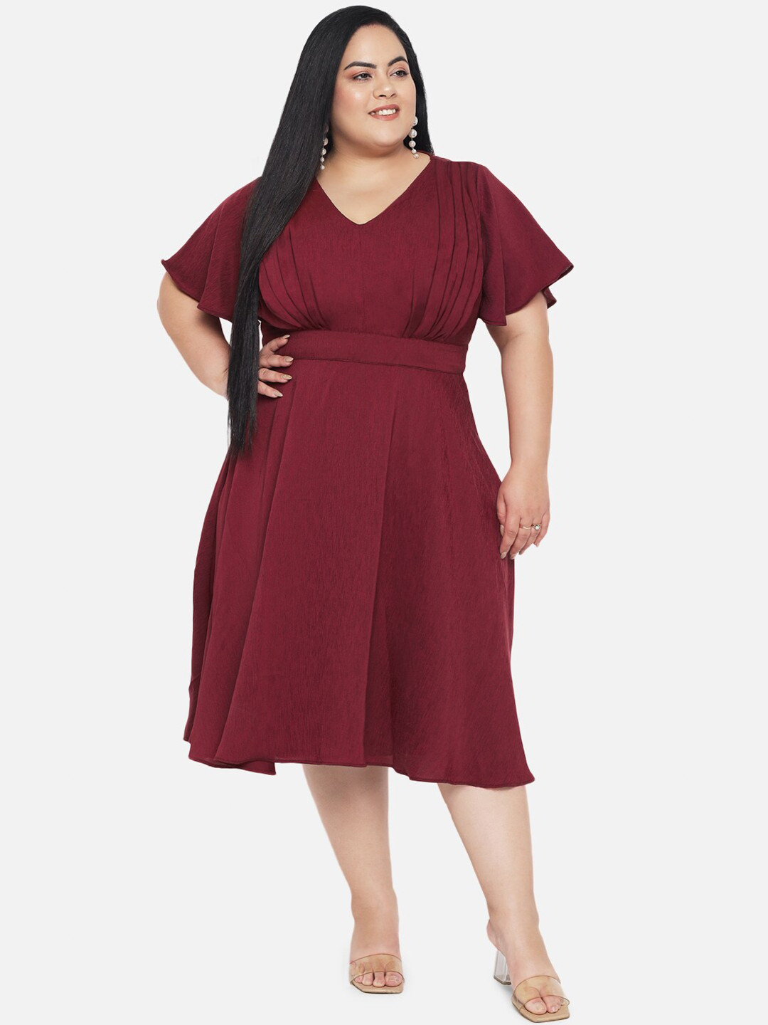 wild U Plus Size Maroon Satin Midi Dress