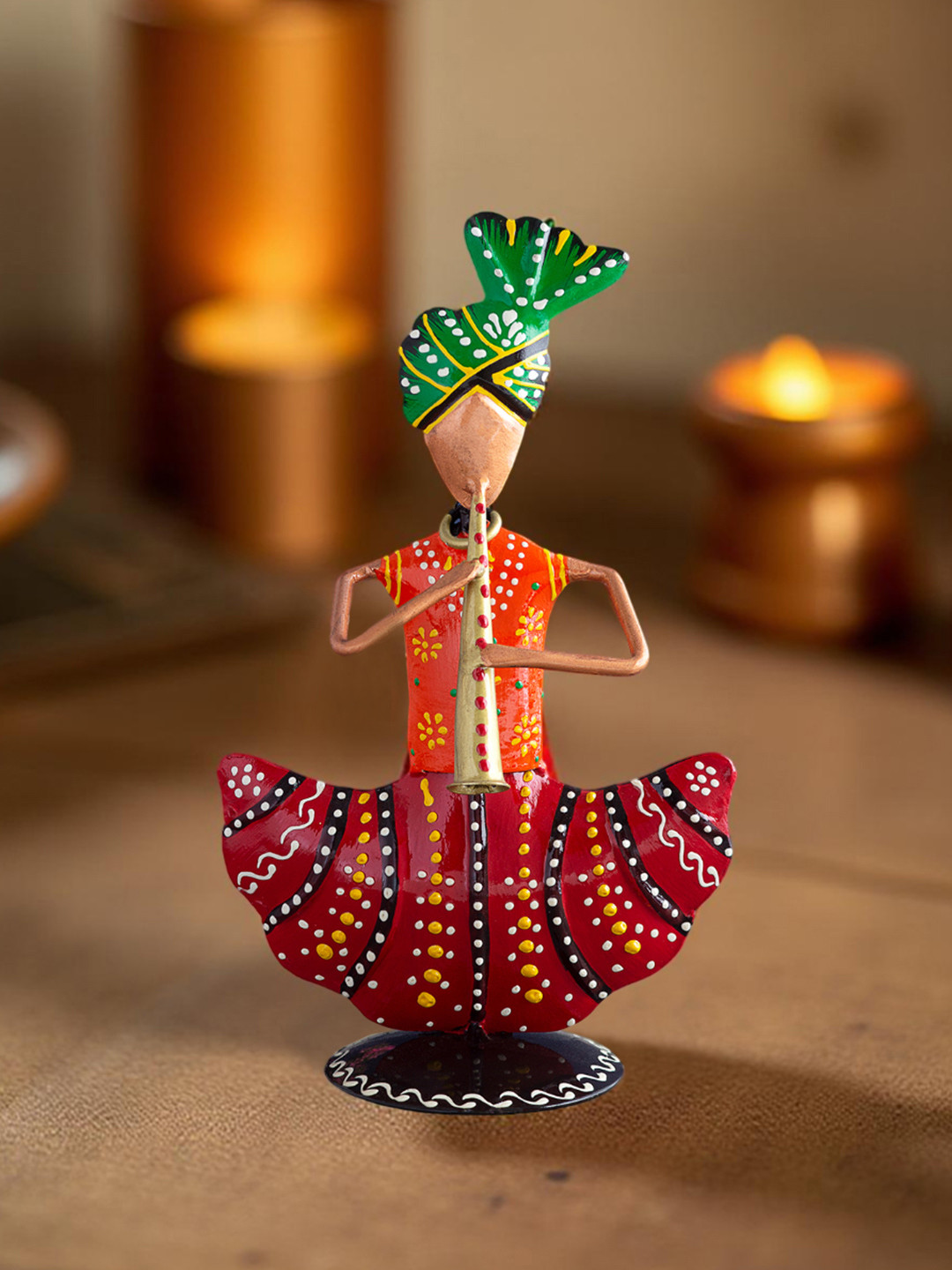 Golden Peacock Turban Musicians Orange Metal Metallic Living Room Hand-Crafted Medium Showpiece - 8.5 Inches