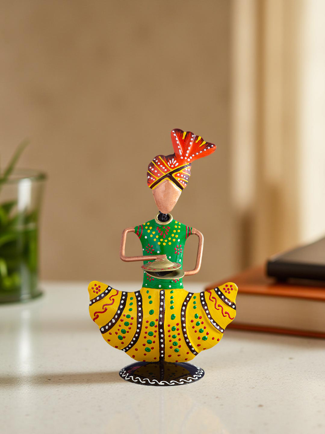 Golden Peacock Turban Musicians Green Iron Metallic Living Room Hand-Crafted Medium Showpiece - 8.5 Inches