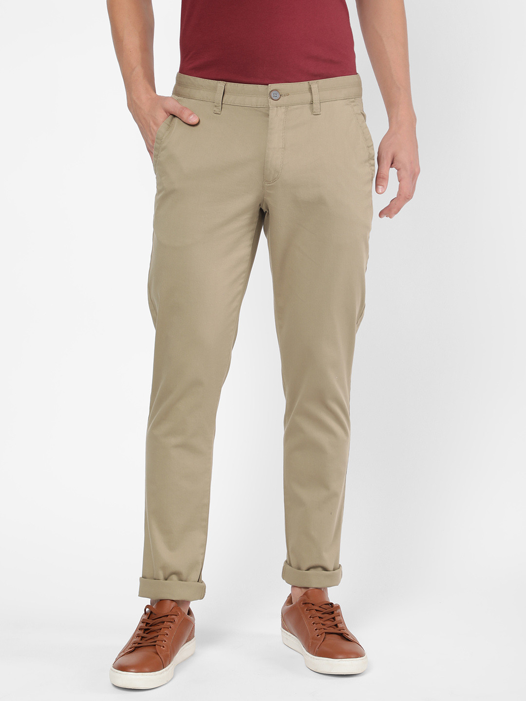 AD By Arvind Men Beige Modern Slim Fit Flat Front Chinos