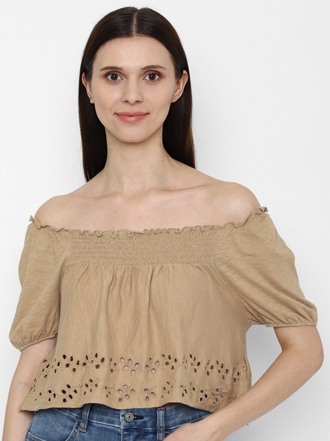 AMERICAN EAGLE OUTFITTERS Beige Off-Shoulder Blouson Crop Top