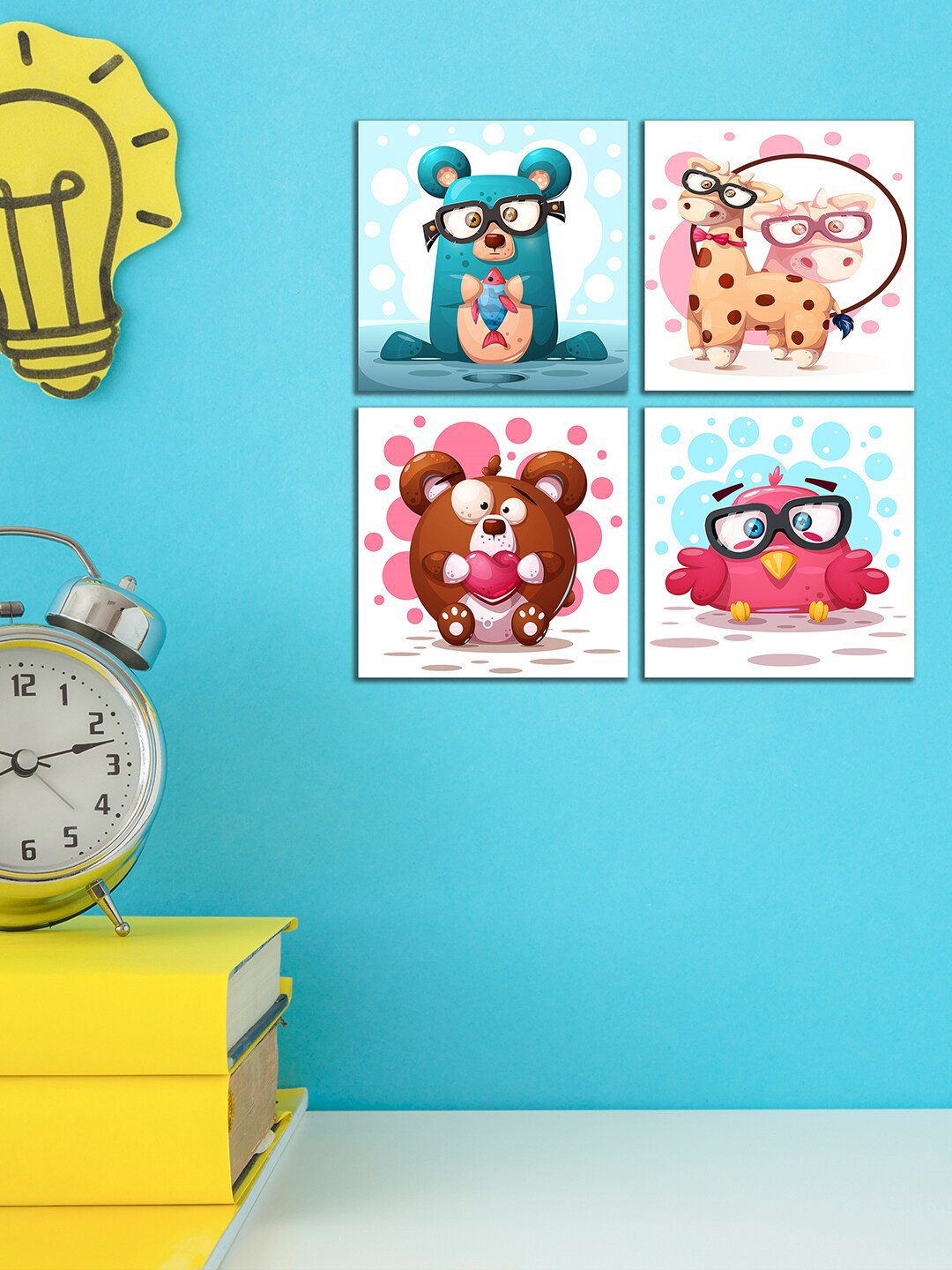 WENS Kids Set Of 4 White & Blue Cute Cartoon Wall Arts