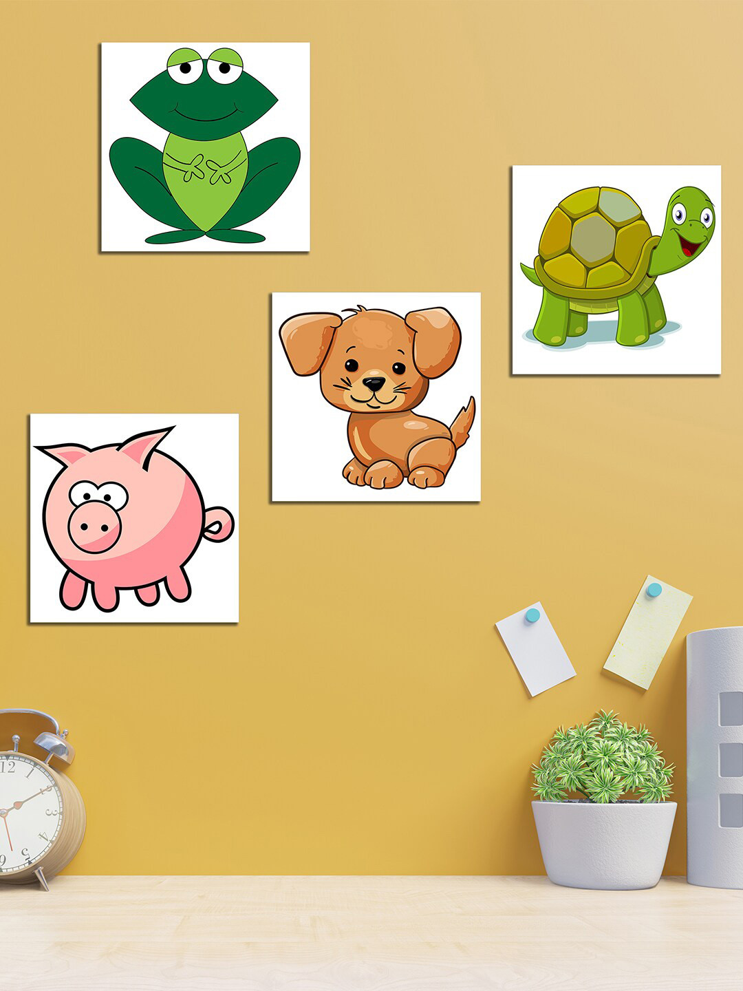 WENS Kids Set Of 4 White & Green Animals Nursery Wall Art