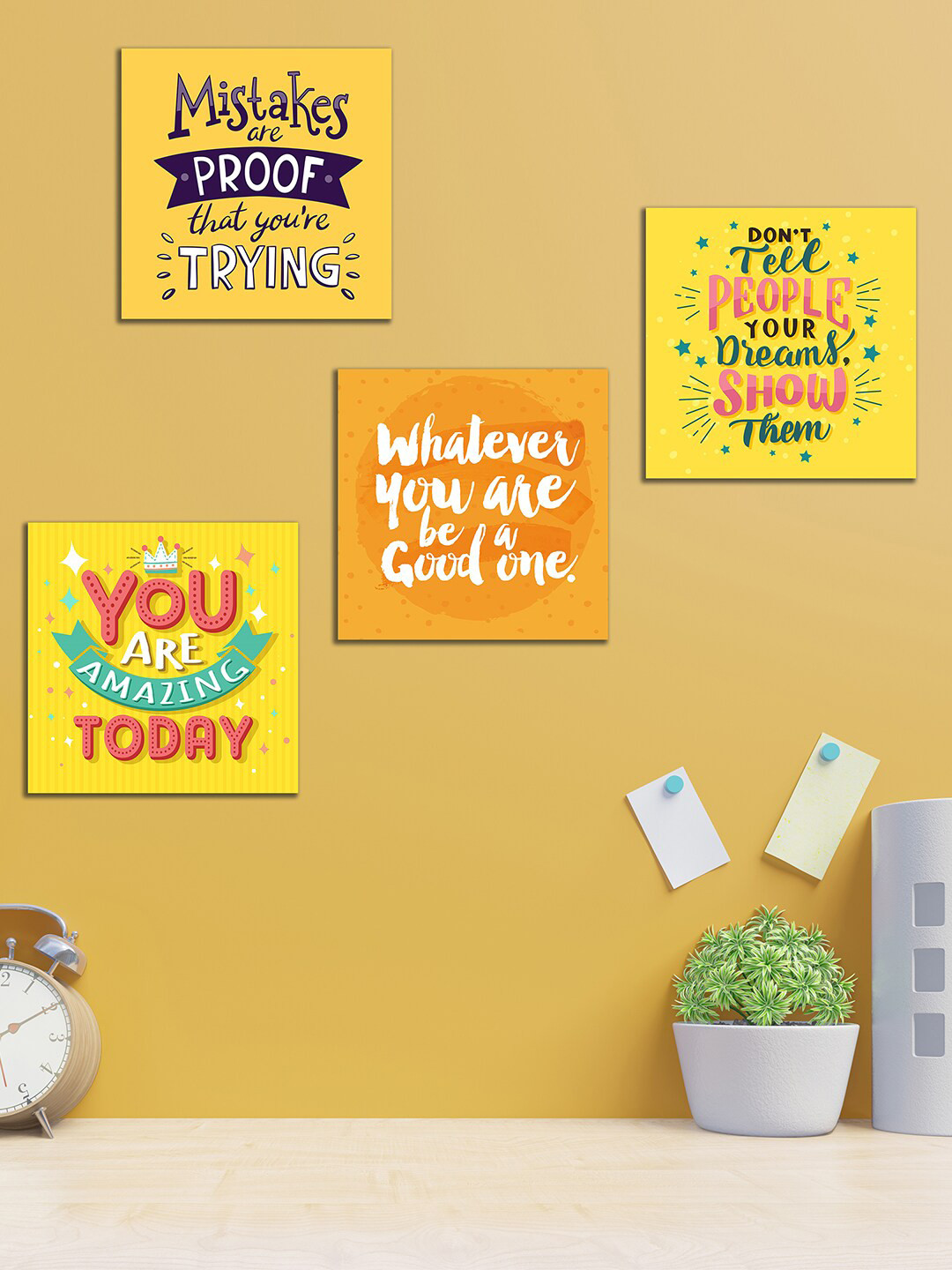 WENS Kids Pack Of 4 Yellow Inspiraton Quotes Printed Wall Panels
