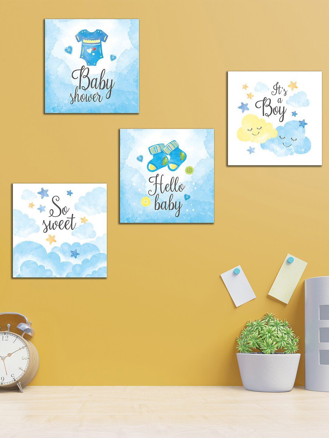 WENS Its Baby Boy MDF 4 Piece Wall Square Paintings Wall Art -11 x 11In