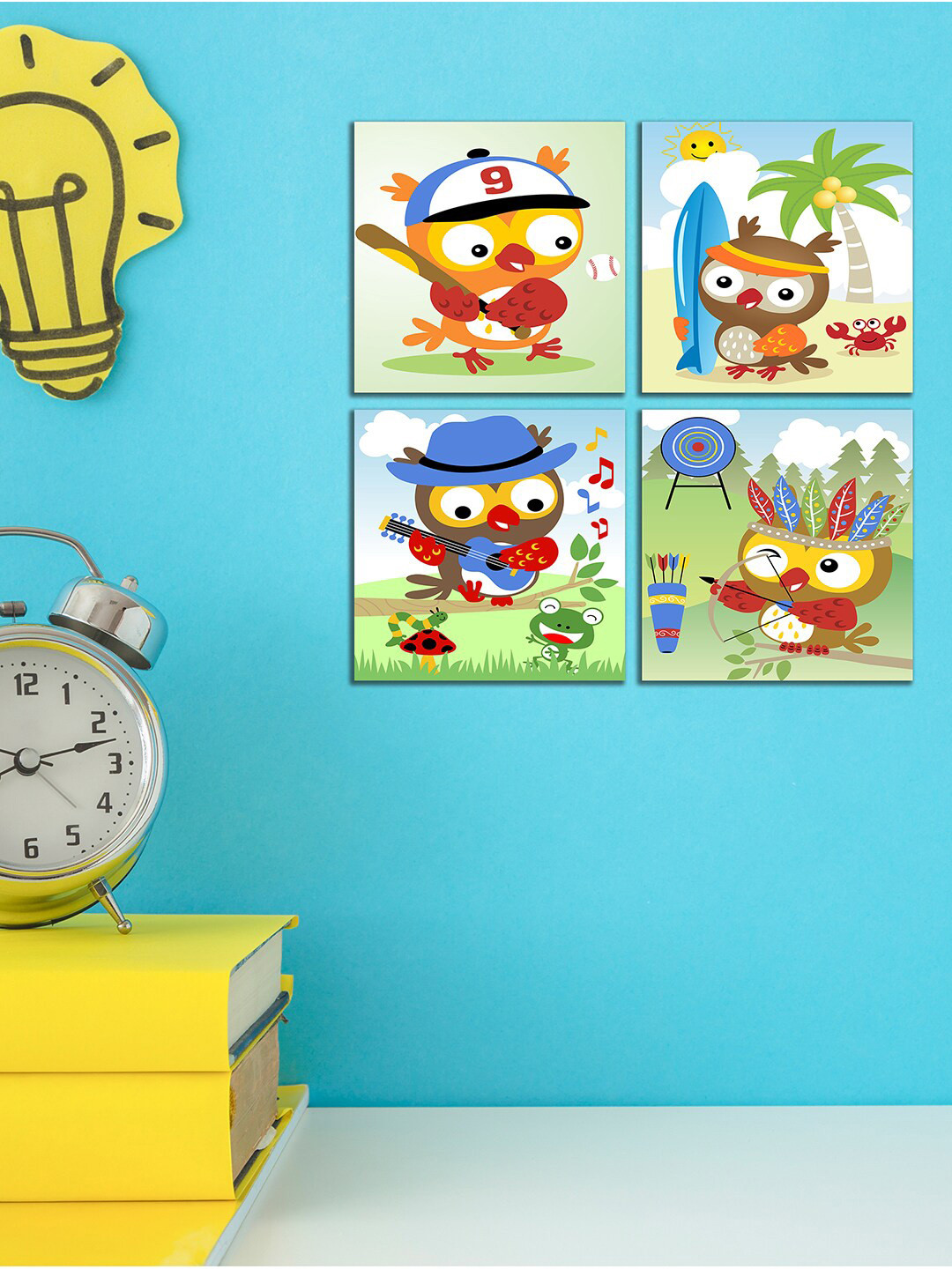 WENS Kids Set Of 4 Green & Blue Cartoon Laminated Printed Wall Art