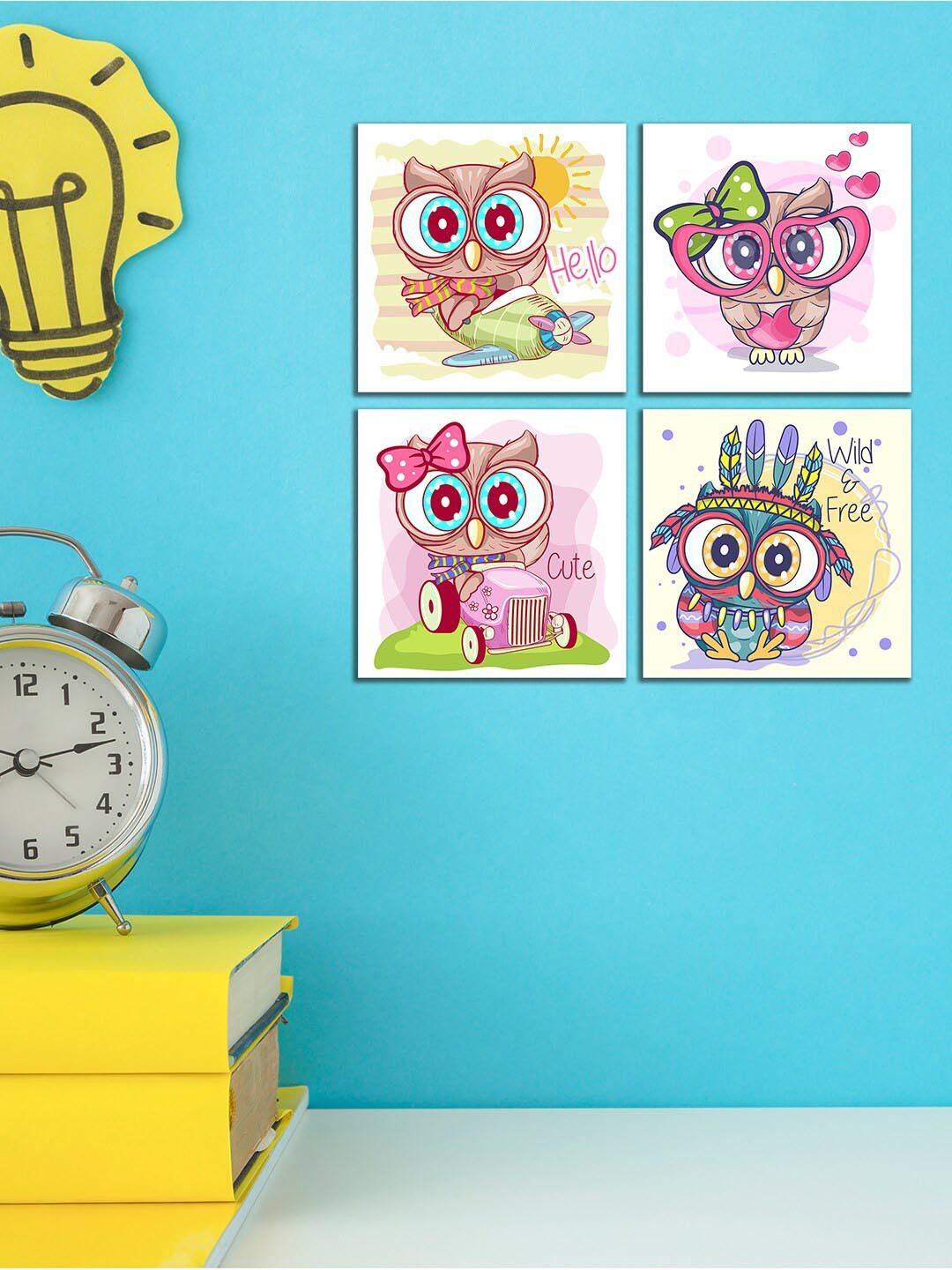 WENS Kids White & Pink Set Of 4 Cartoon Laminated Owl Printed Wall Art For Kids