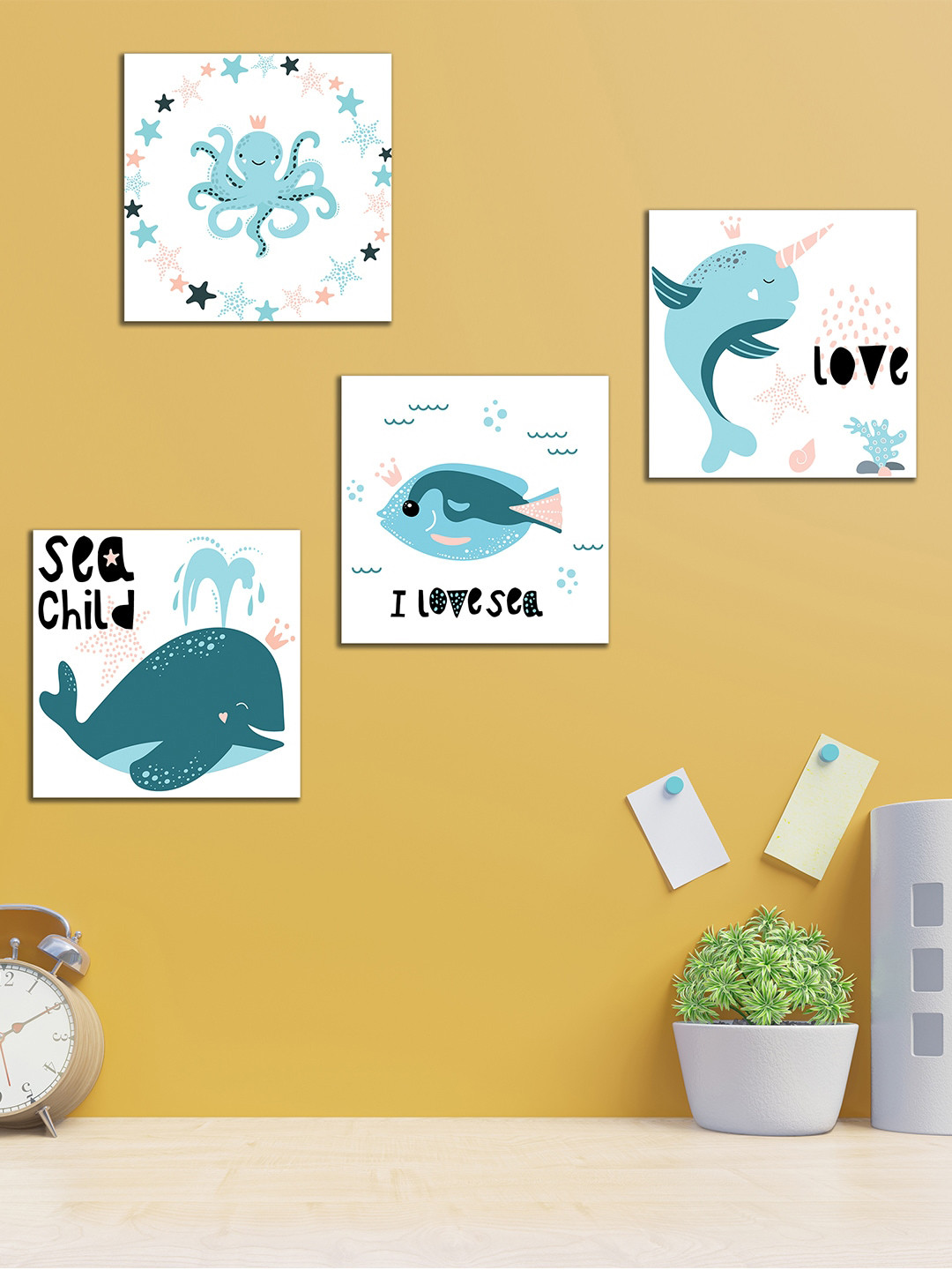 WENS Underwater Creatures MDF Matte Hanging Hall 4Pcs Abstract Wall Decor-11In