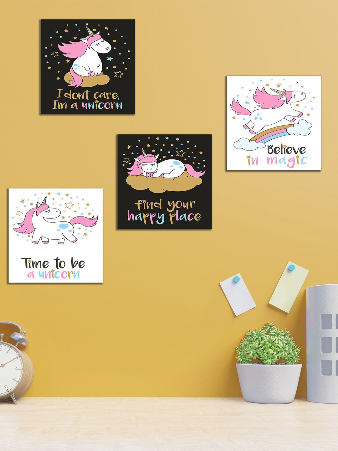 WENS White & Black Set Of 4 Cartoon Laminated Printed Wall Art