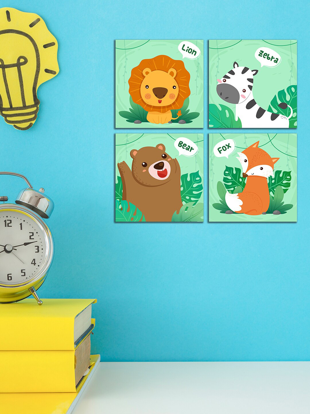 WENS Pack Of 4 Green and whiteAnimals Laminated Wall Arts