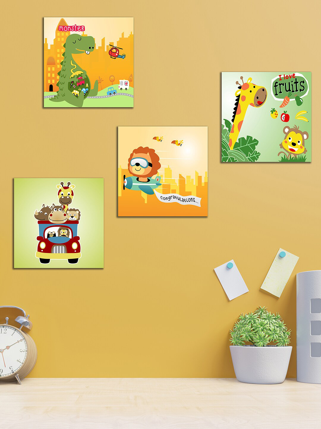 WENS Cute Cartoon MDF Matte Hanging Hall 4Pcs Abstract Wall Decor-11In