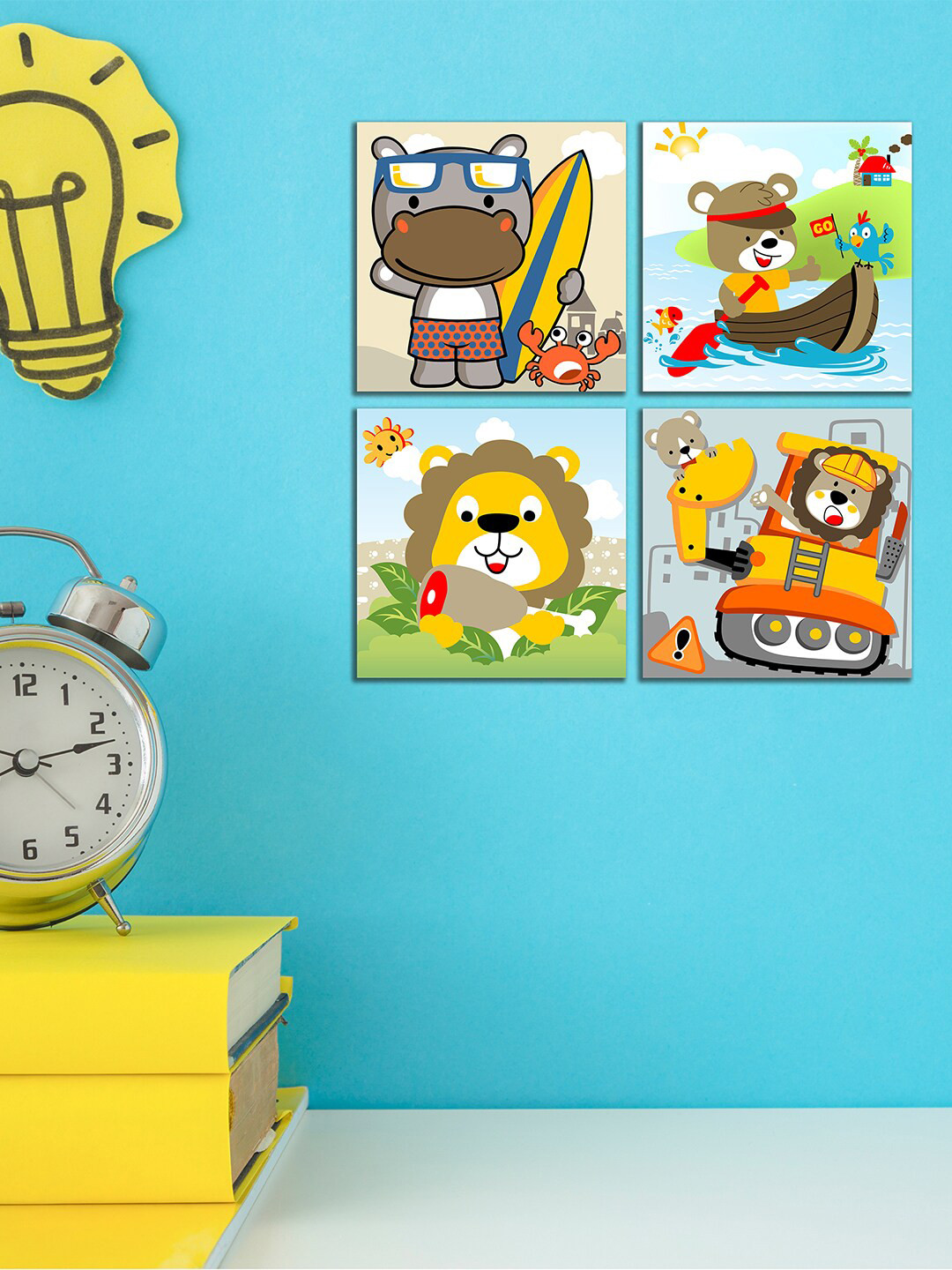 WENS Cute Cartoon MDF 4 Piece Wall Rectangle Paintings Wall Art 11 x 11In