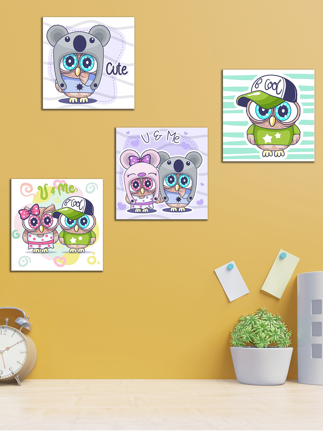 WENS Friendship & Love MDF 4 Pcs Wall Square Paintings Wall Art - 11 x 11In