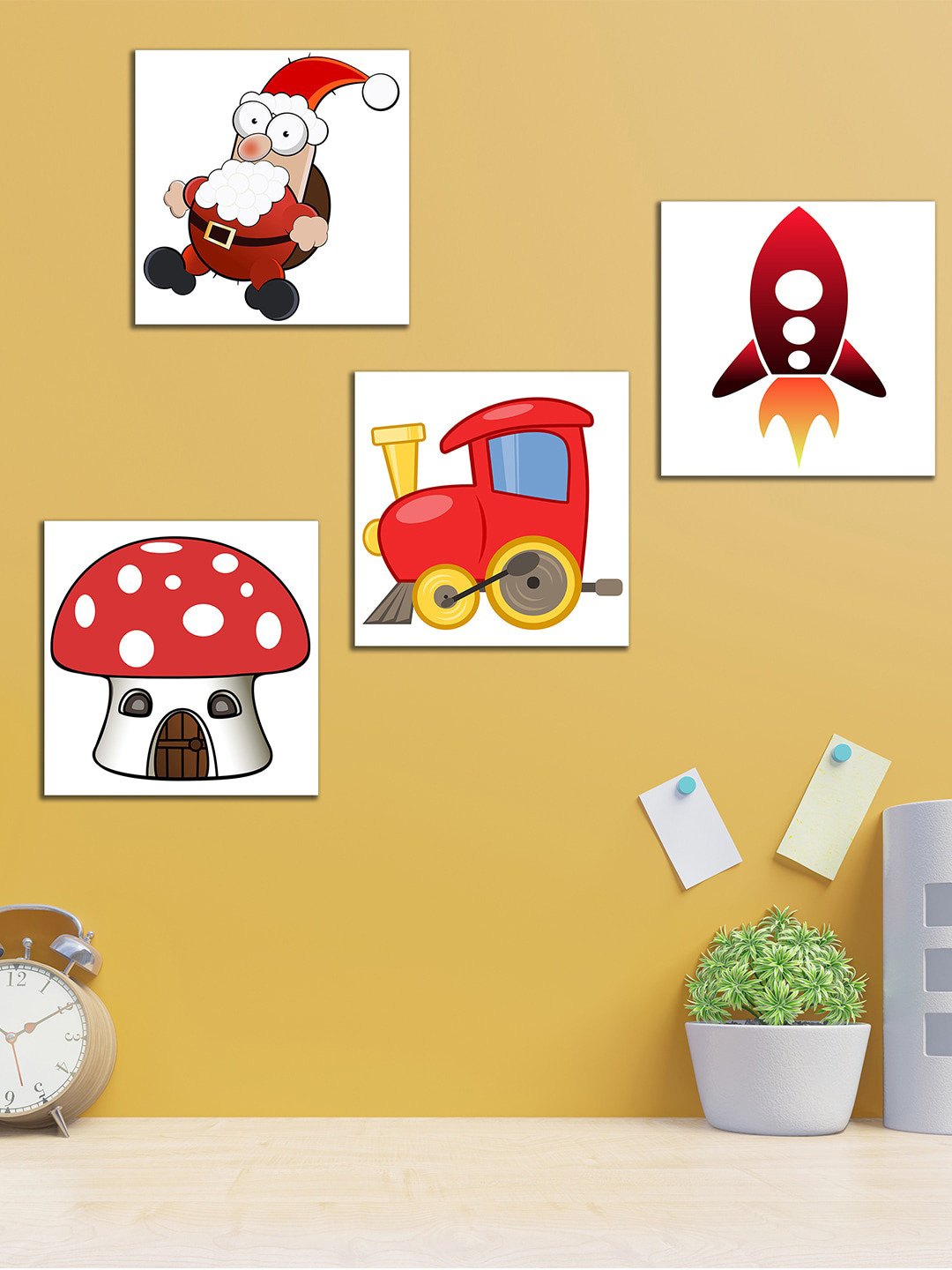 WENS Set Of 4 White and Red Cartoon Wall Art Panels