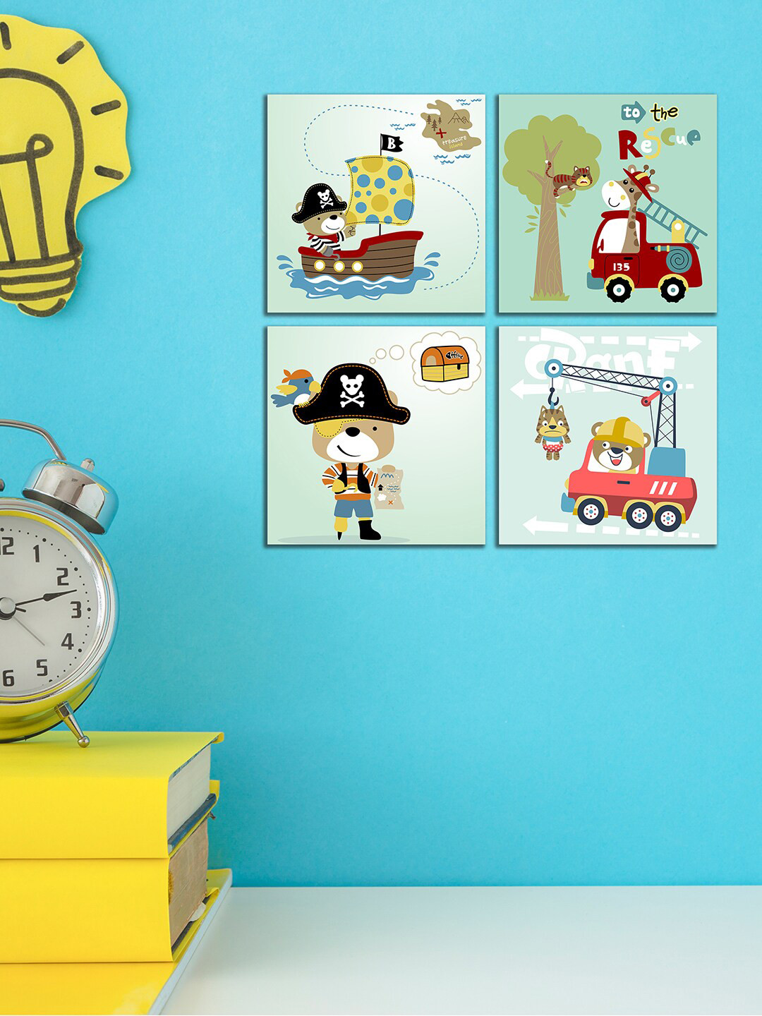 WENS Set Of 4 Green Cute Cartoon Printed Laminated Wall Art