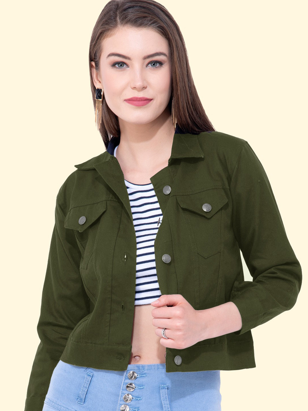 MONTREZ Women Olive Green Crop Denim Jacket