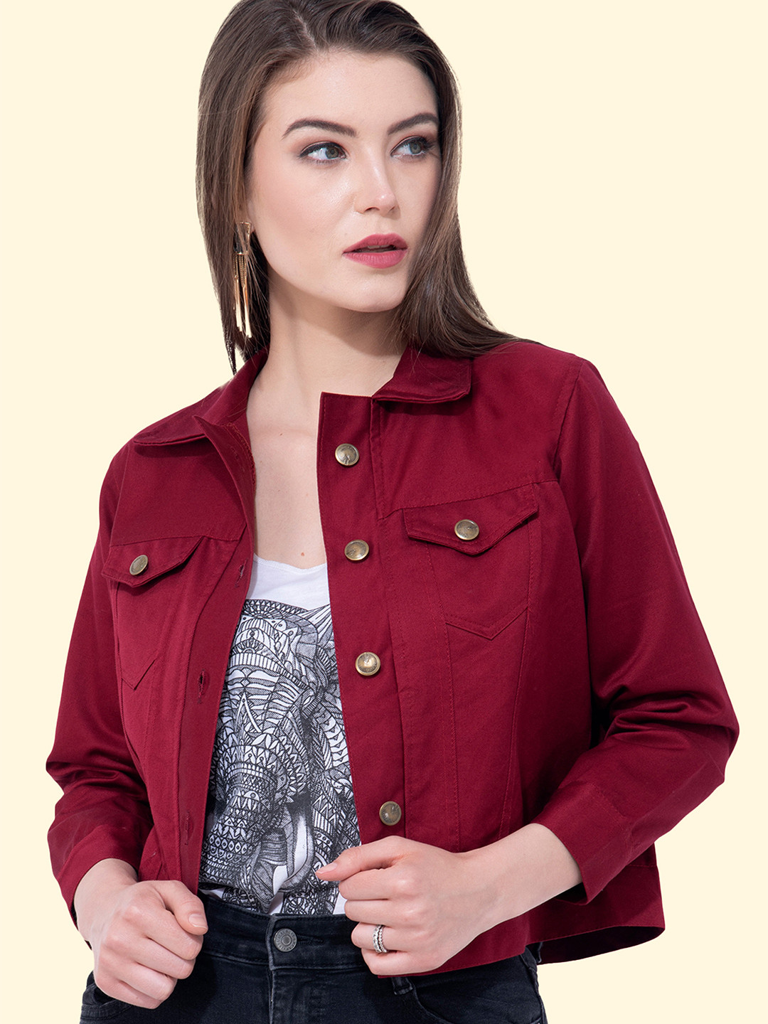 MONTREZ Women Maroon Crop Denim Jacket
