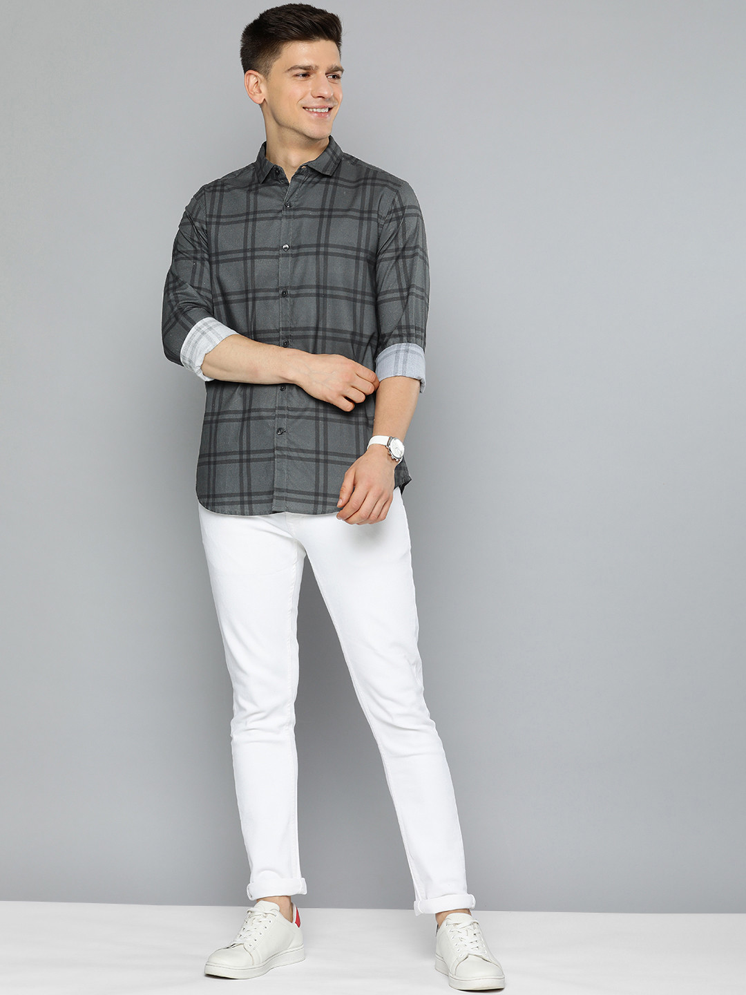 Mast & Harbour Men Charcoal Grey Regular Fit Classic Checked Cotton Casual Shirt