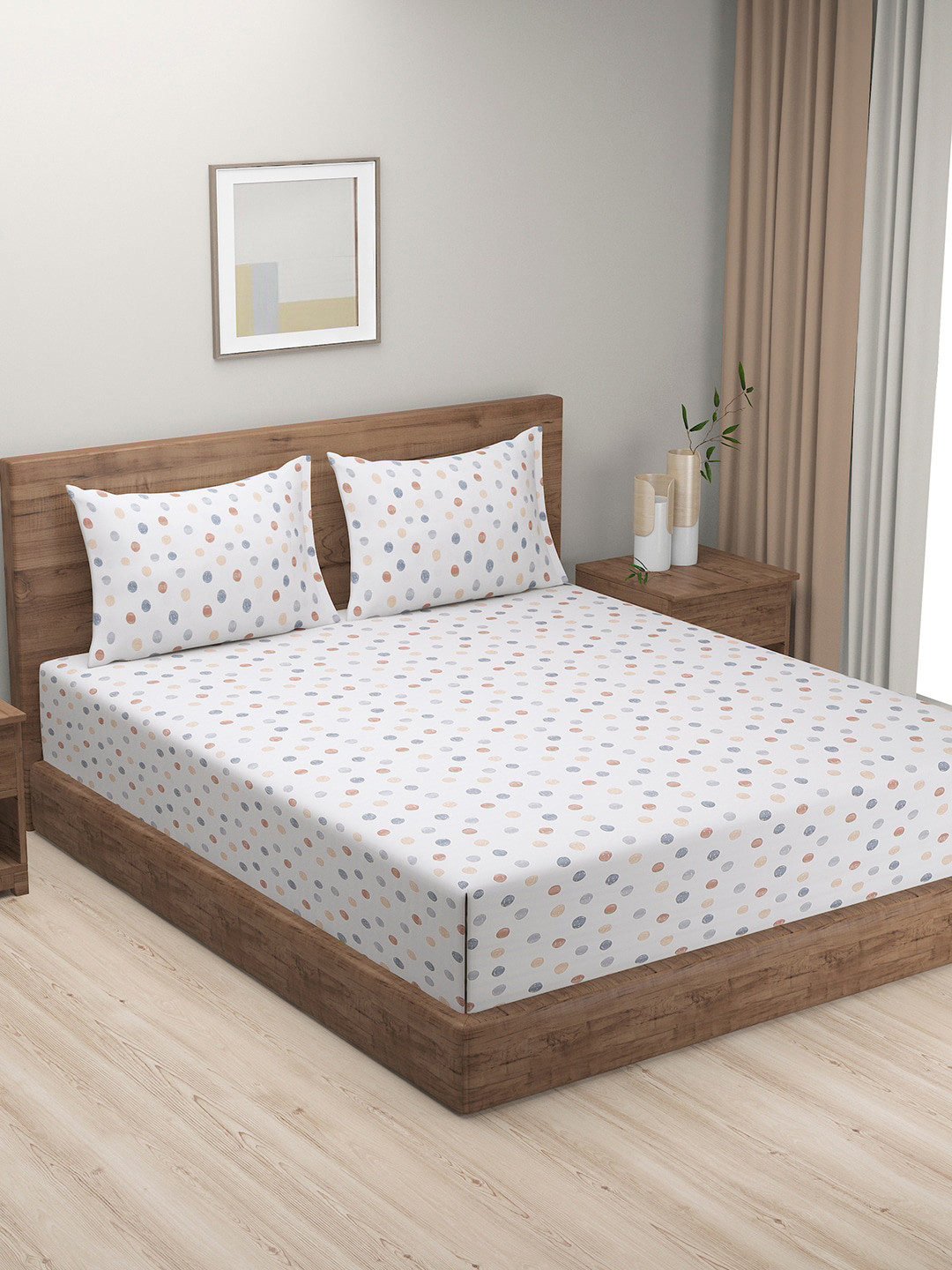 SWAYAM Zinnia Grey Geometric Cotton 240 TC Queen Fine Bedsheet with 2 Pillow Covers-228 x 274 cm