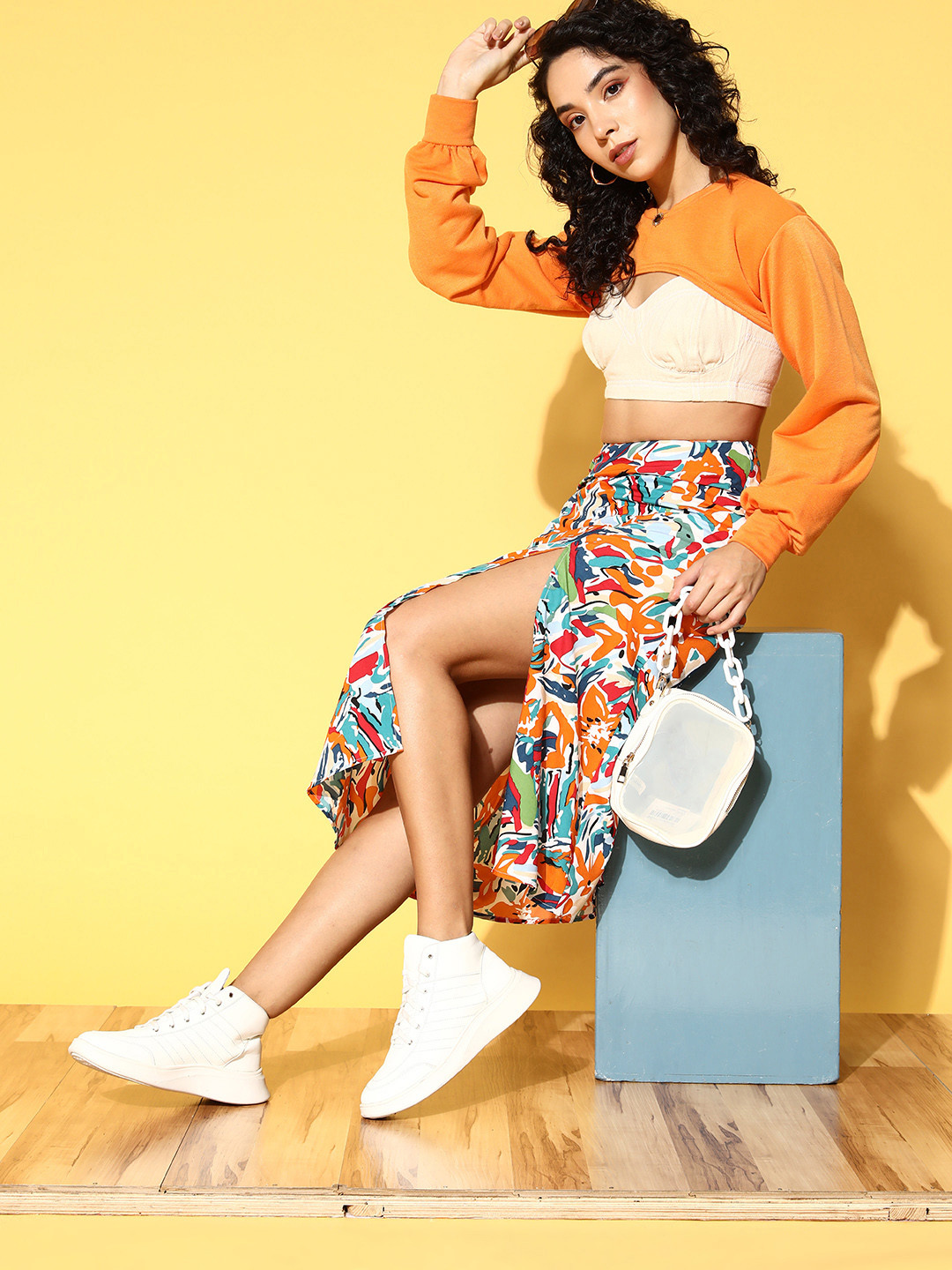 Berrylush White Abstract Peekaboo Bottom Skirt