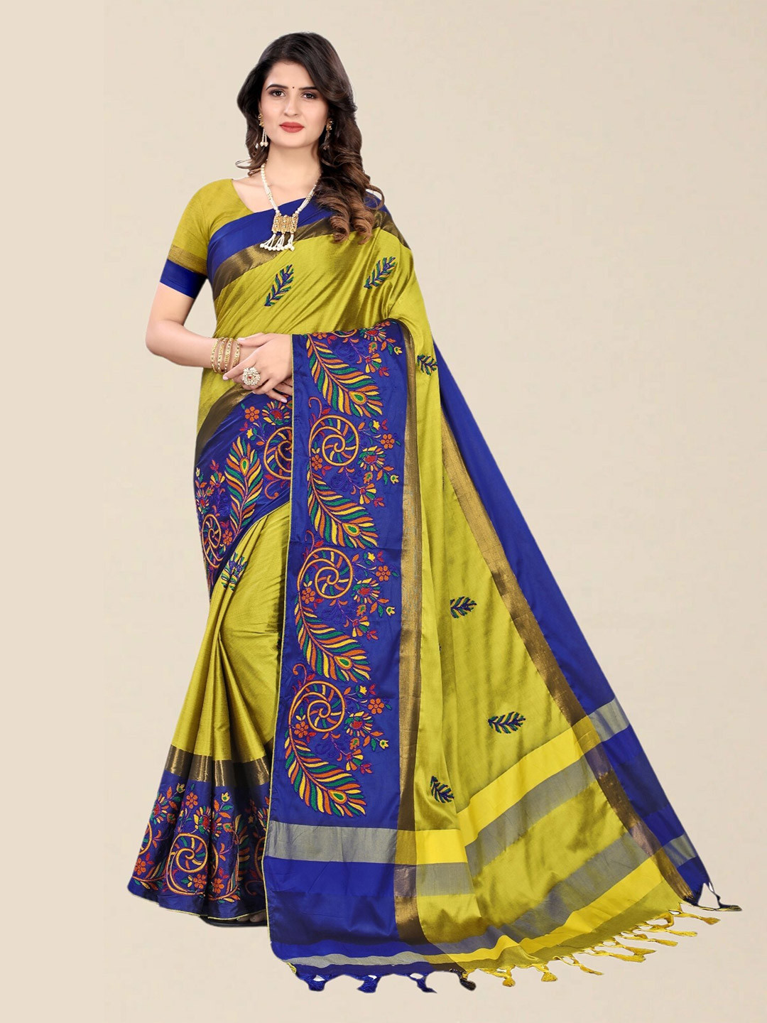 SERONA FABRICS Yellow & Blue Floral Embroidered Silk Cotton Saree
