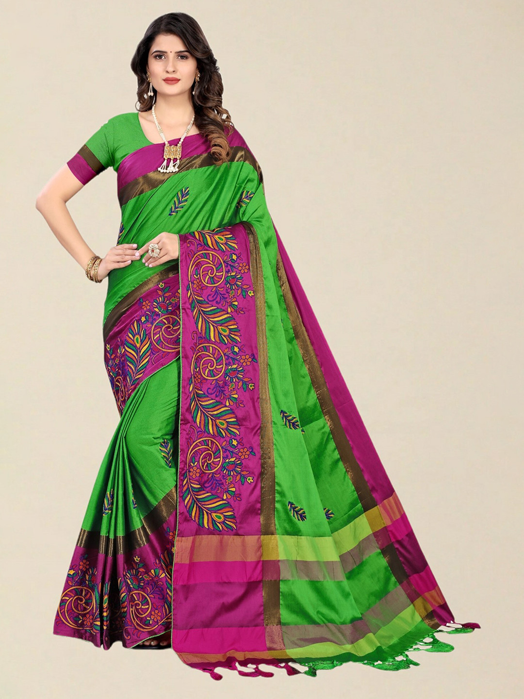 SERONA FABRICS Green & Purple Embellished Embroidered Silk Cotton Saree