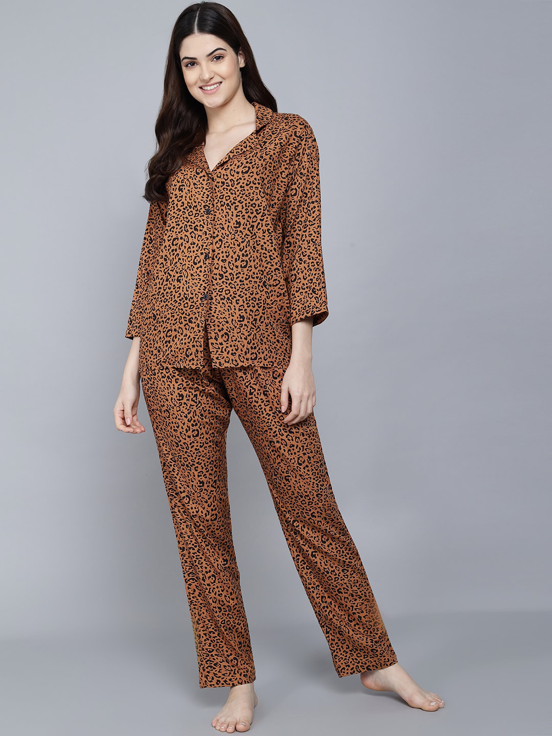 SEPHANI Women Brown & Black Printed Night suit