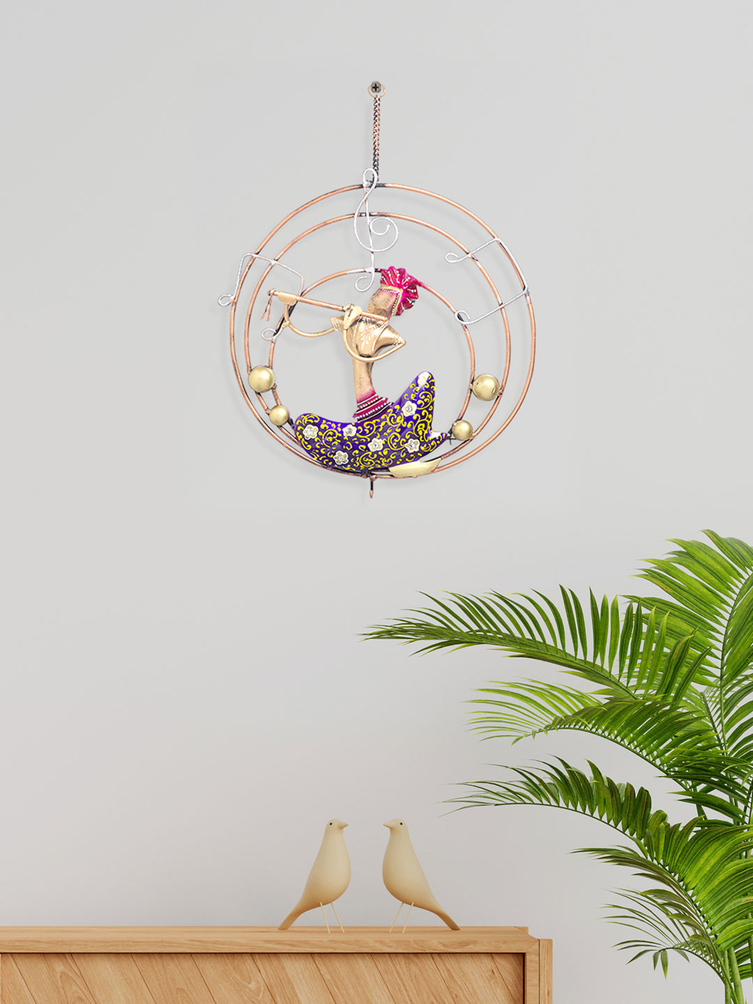 Golden Peacock Handpainted Musicians Hanging Metal Ethnic Motifs Glossy Wall Hangings-15In