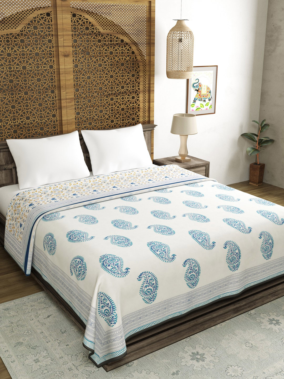 BLOCKS OF INDIA Blue & White Ethnic Motifs AC Room 150 GSM Double Bed Dohar