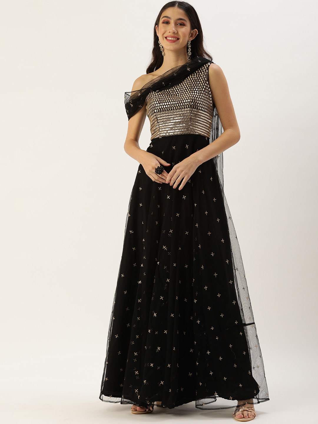 Ethnovog Black Made To Measure Ethnic Motifs Embroidered A-Line Maxi Dress