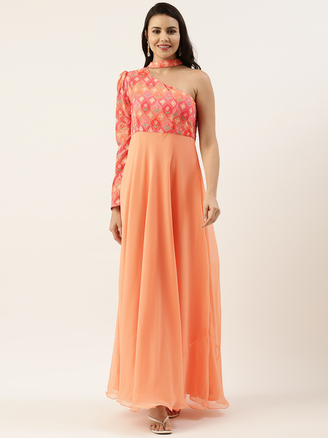 Ethnovog Peach-Coloured Ethnic Motifs Embroidered One Shoulder Georgette A-Line Maxi Dress