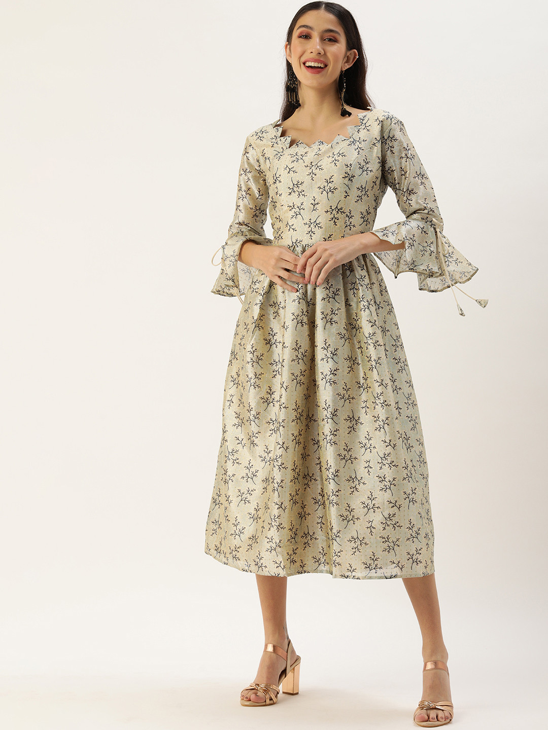 Ethnovog Off White  Brown Made to Measure Floral A-Line Midi Dress