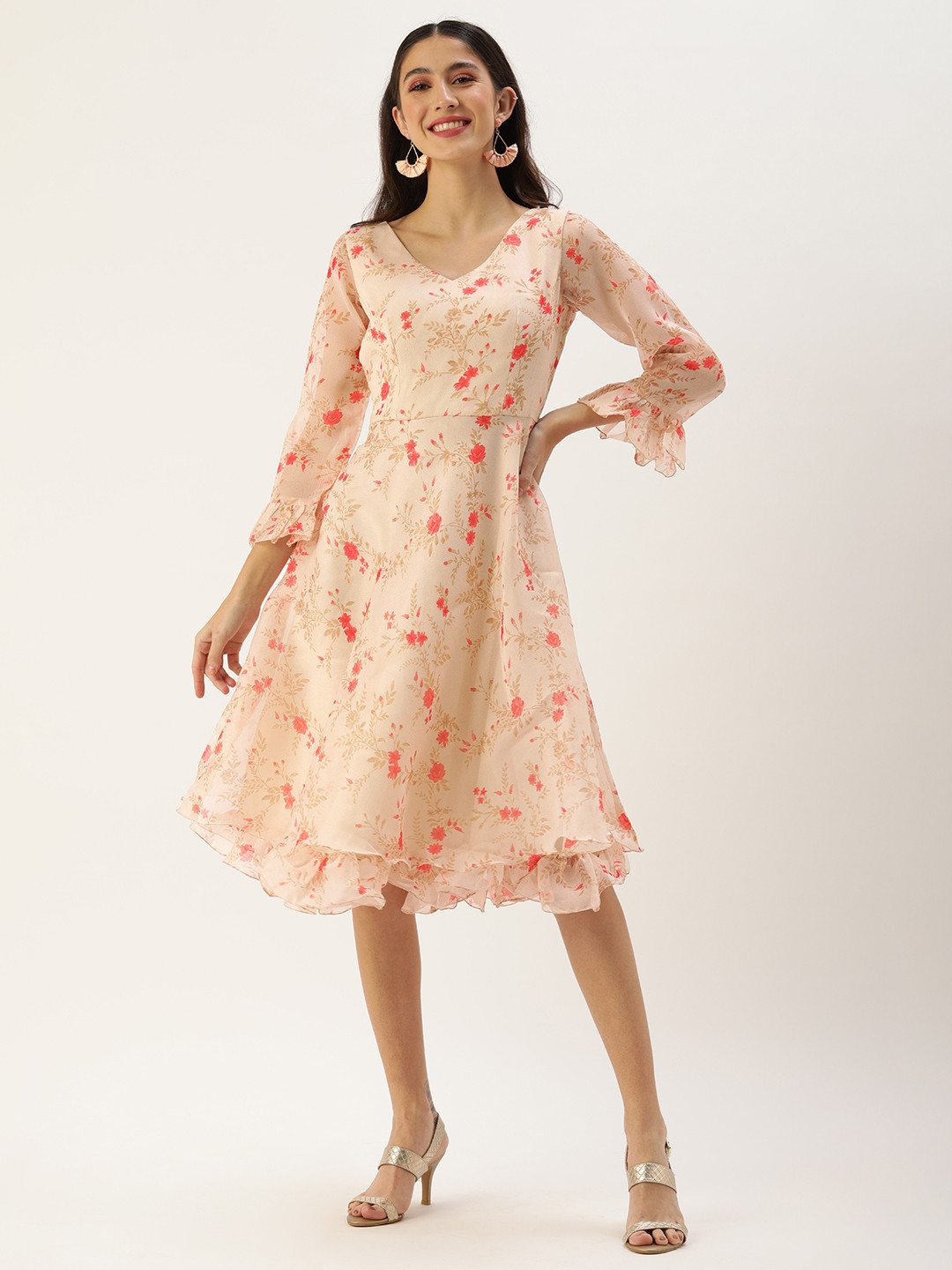 Ethnovog Beige Made To Measure Floral Printed A-Line Midi Dress