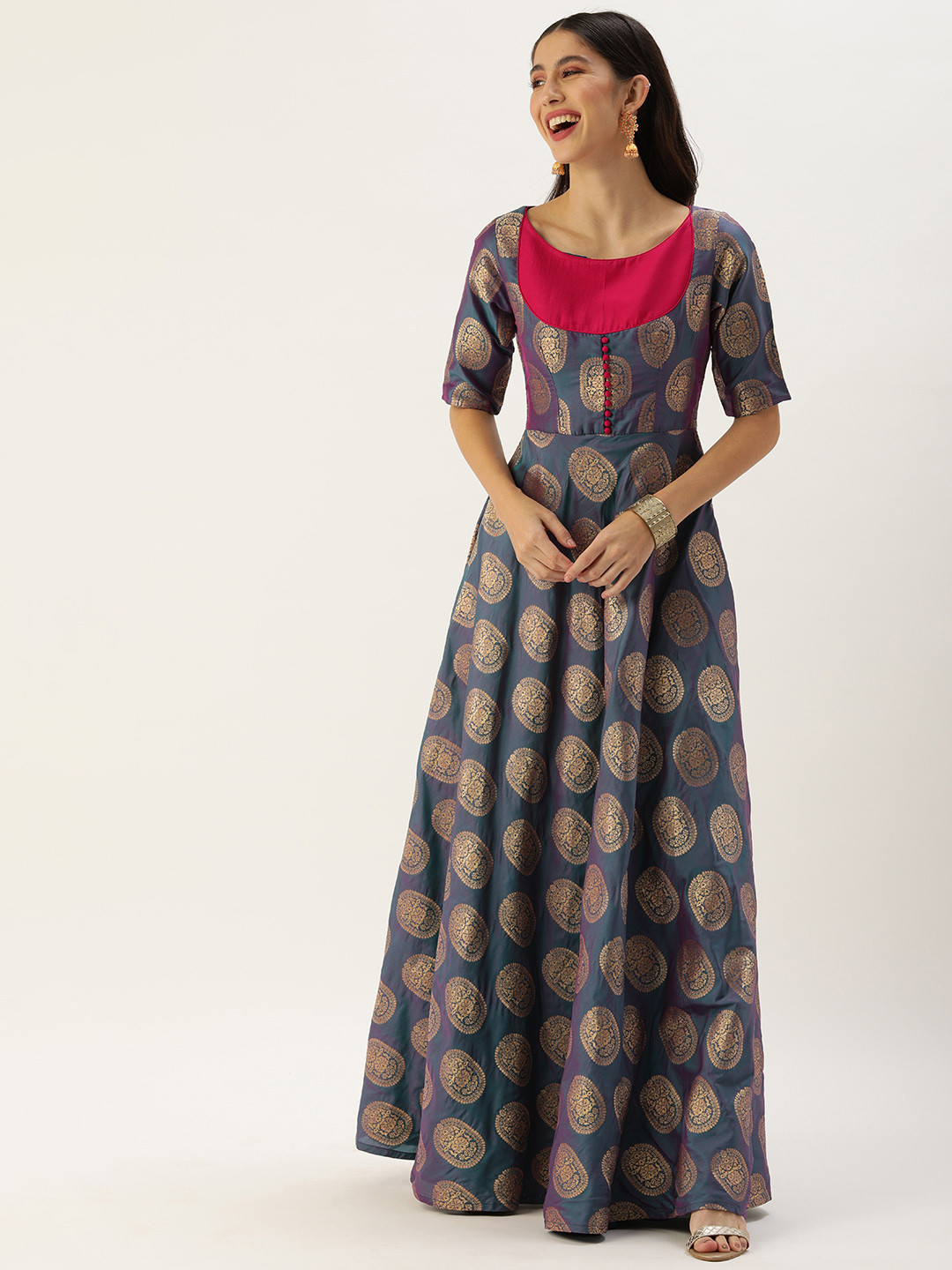 Ethnovog Navy Blue Made To Measure Ethnic Motifs Ethnic A-Line Maxi Dress