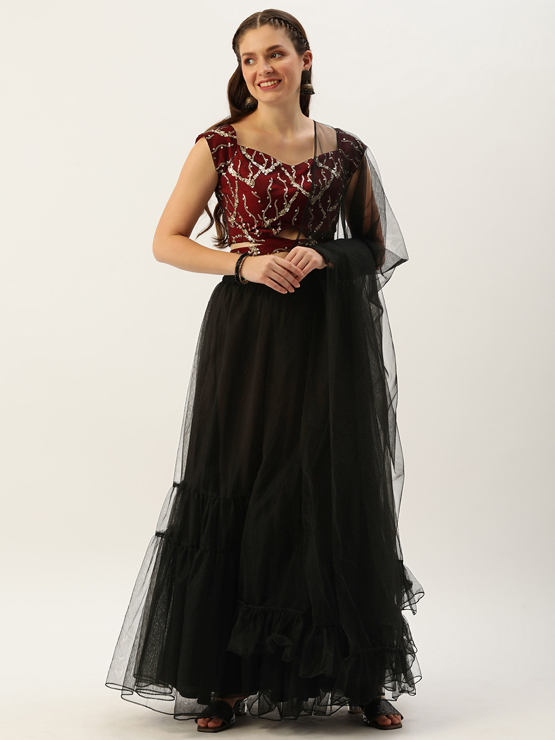 Ethnovog Black  Maroon Sequinned Made to Measure Lehenga  Blouse With Dupatta