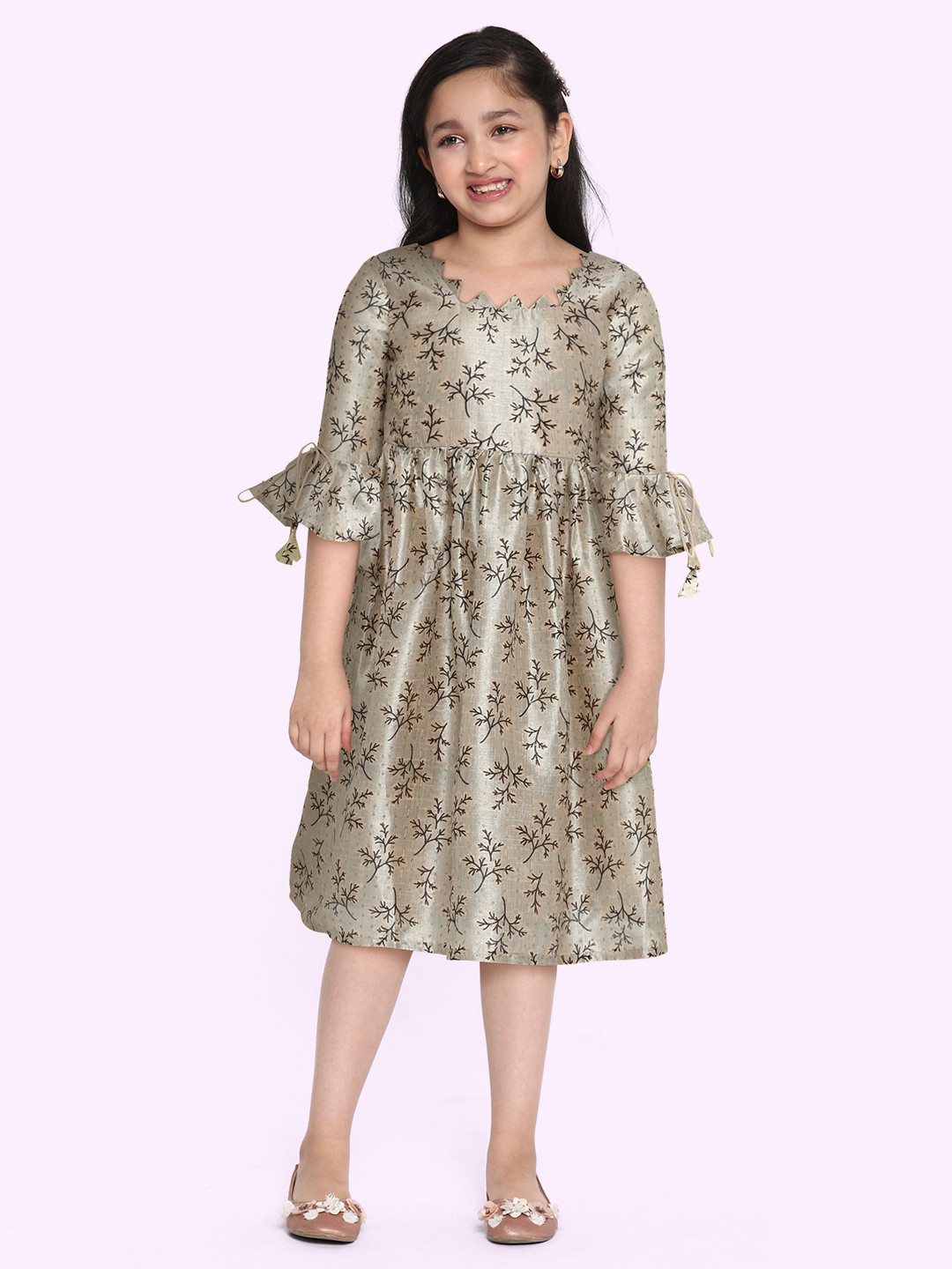 Ethnovog Girls Grey  Black Made to Measure Floral Printed Sequinned A-Line Midi Dress