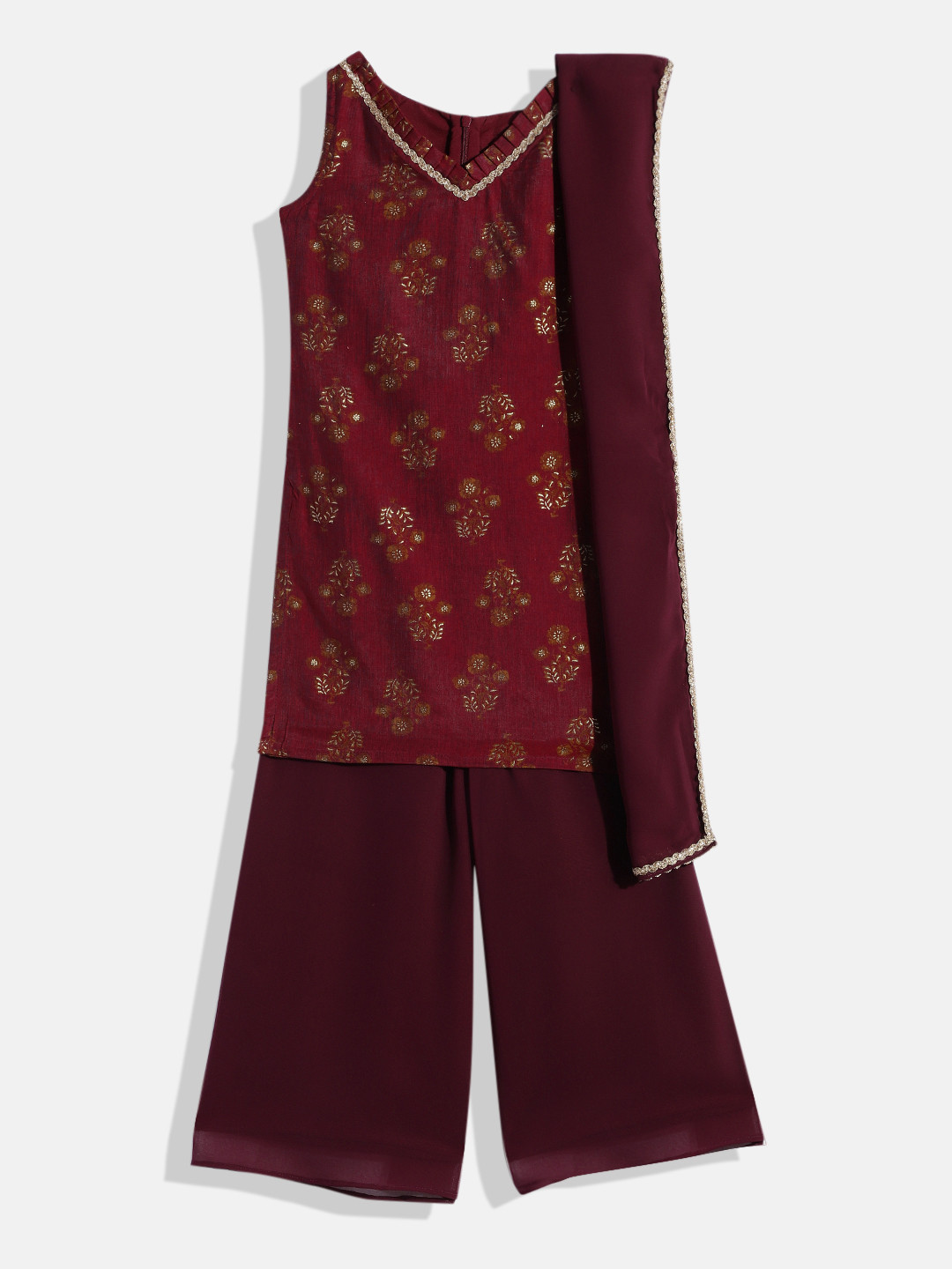 Ethnovog Girls Maroon Made To Measure Ethnic Motifs Kurta with Palazzos  Dupatta