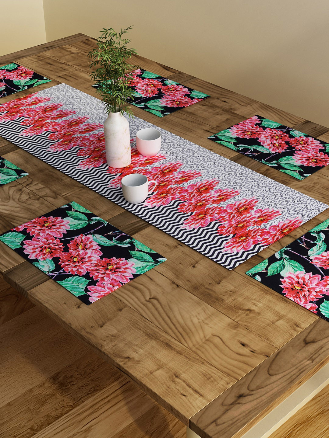 SEJ by Nisha Gupta Set of 6 Red Printed Table Placemats & Runner