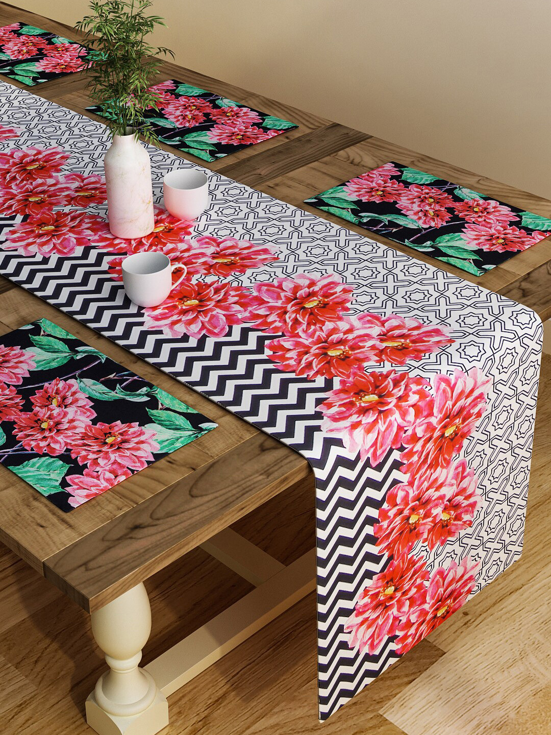 SEJ by Nisha Gupta Set of 6 Red Printed Cotton Table Placemats and Runner