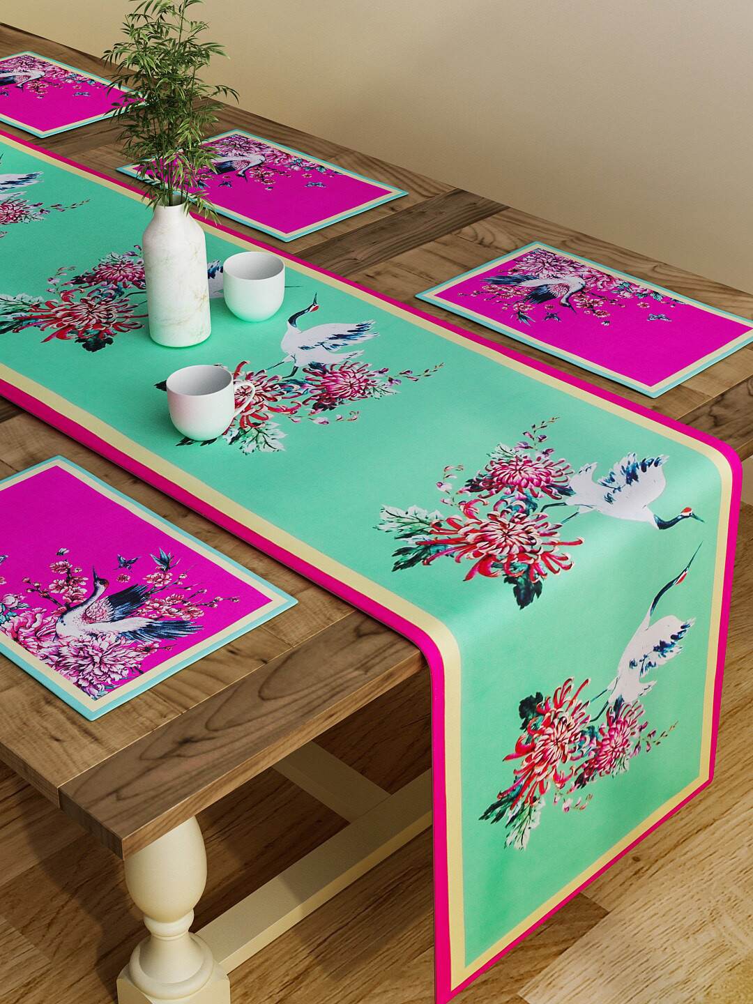 SEJ by Nisha Gupta Green & Pink Set of 7 Table Placemats & Runner