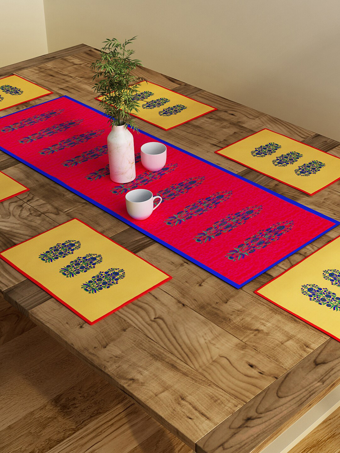 SEJ by Nisha Gupta Set of 7 Red & Beige Table Placemats & Runner