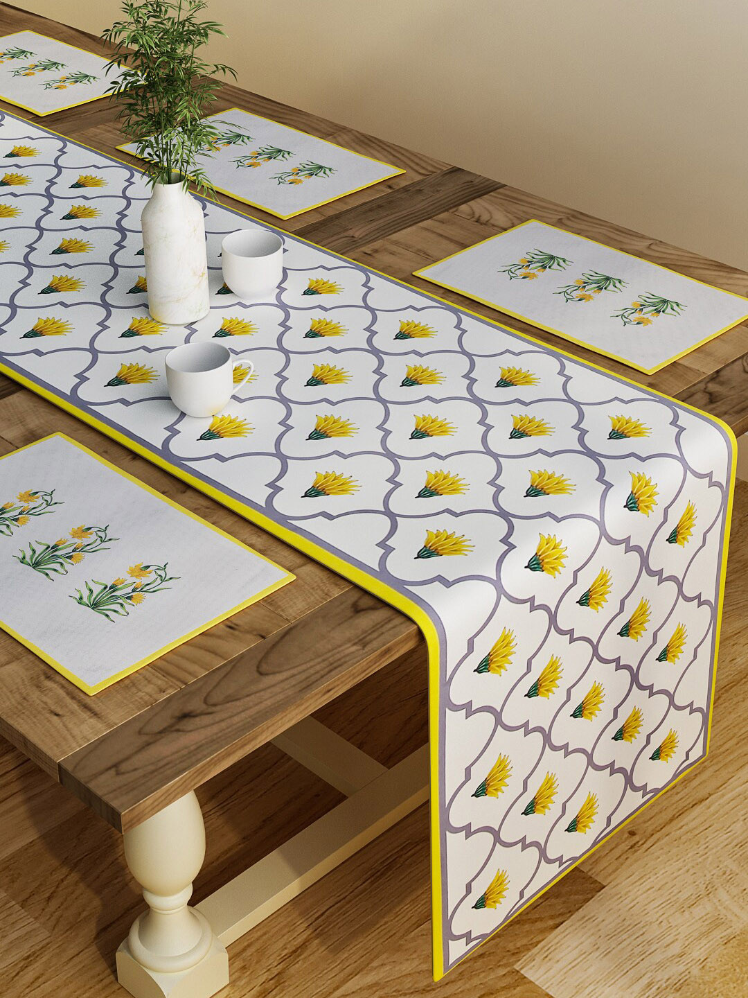 SEJ by Nisha Gupta White & Mustard Set of 7 Table Placemats & Runner