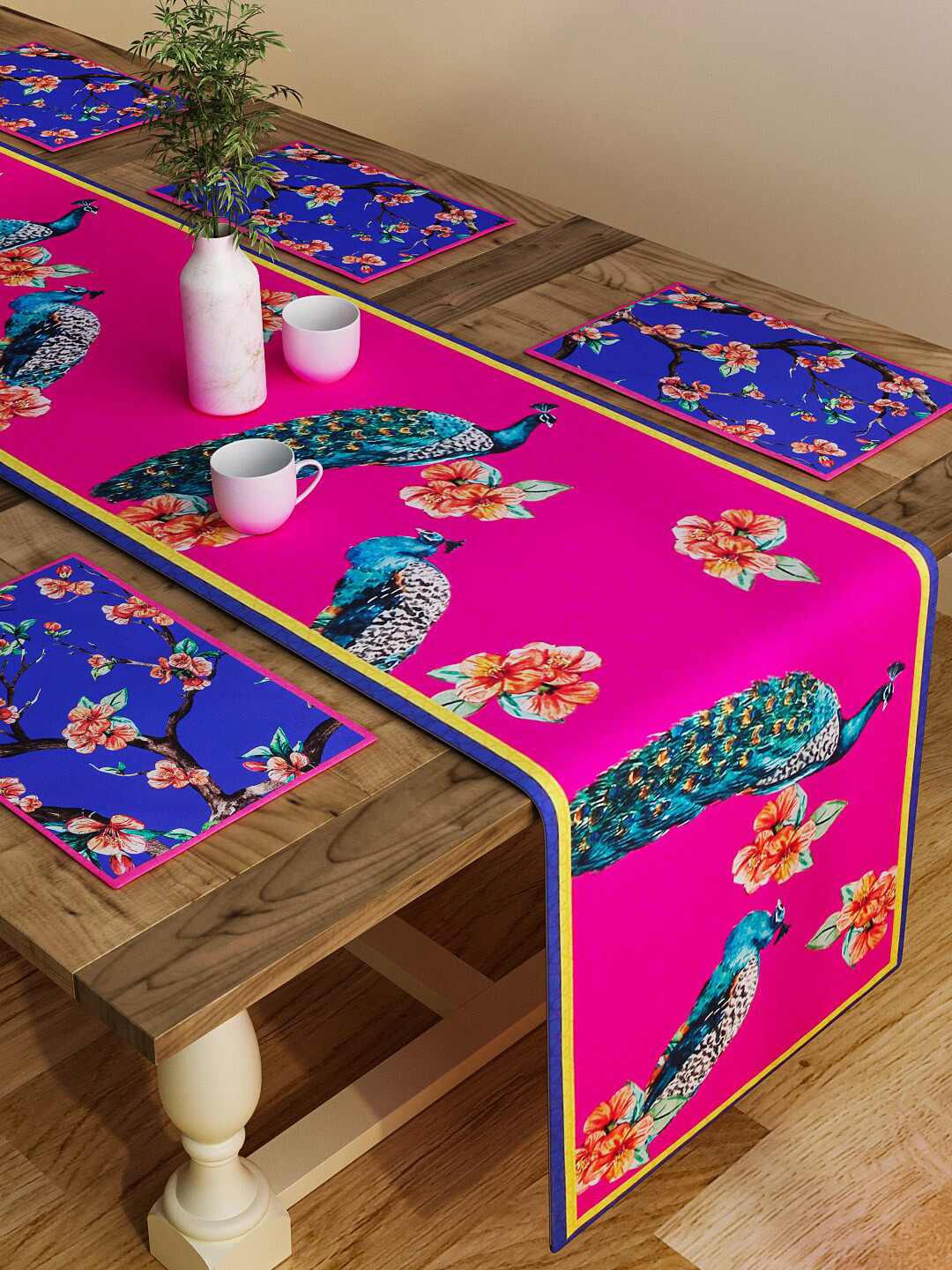 SEJ by Nisha Gupta Set of 6 Pink Printed Cotton Table Placemats and Runner