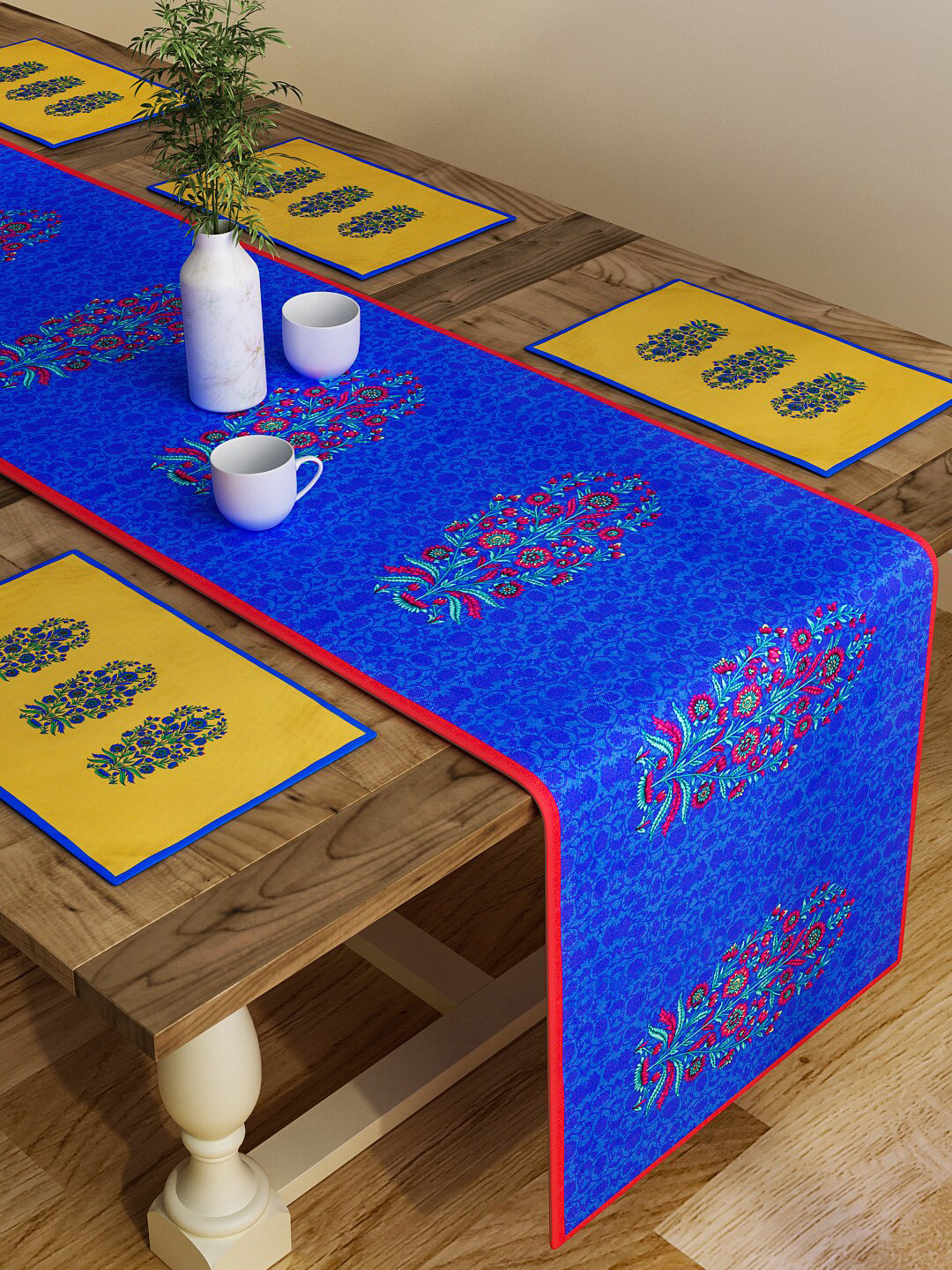 SEJ by Nisha Gupta Set of 7 Blue & Red Table Placemats & Runner
