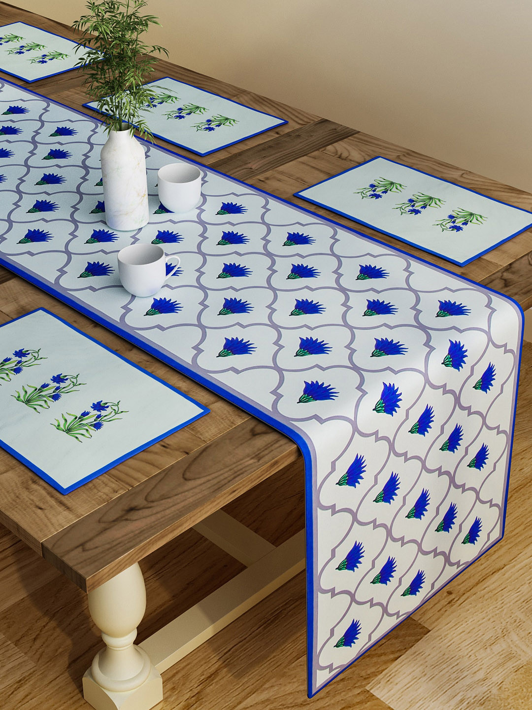 SEJ by Nisha Gupta Set of 6 Blue Printed Cotton Table Placemats and Runner