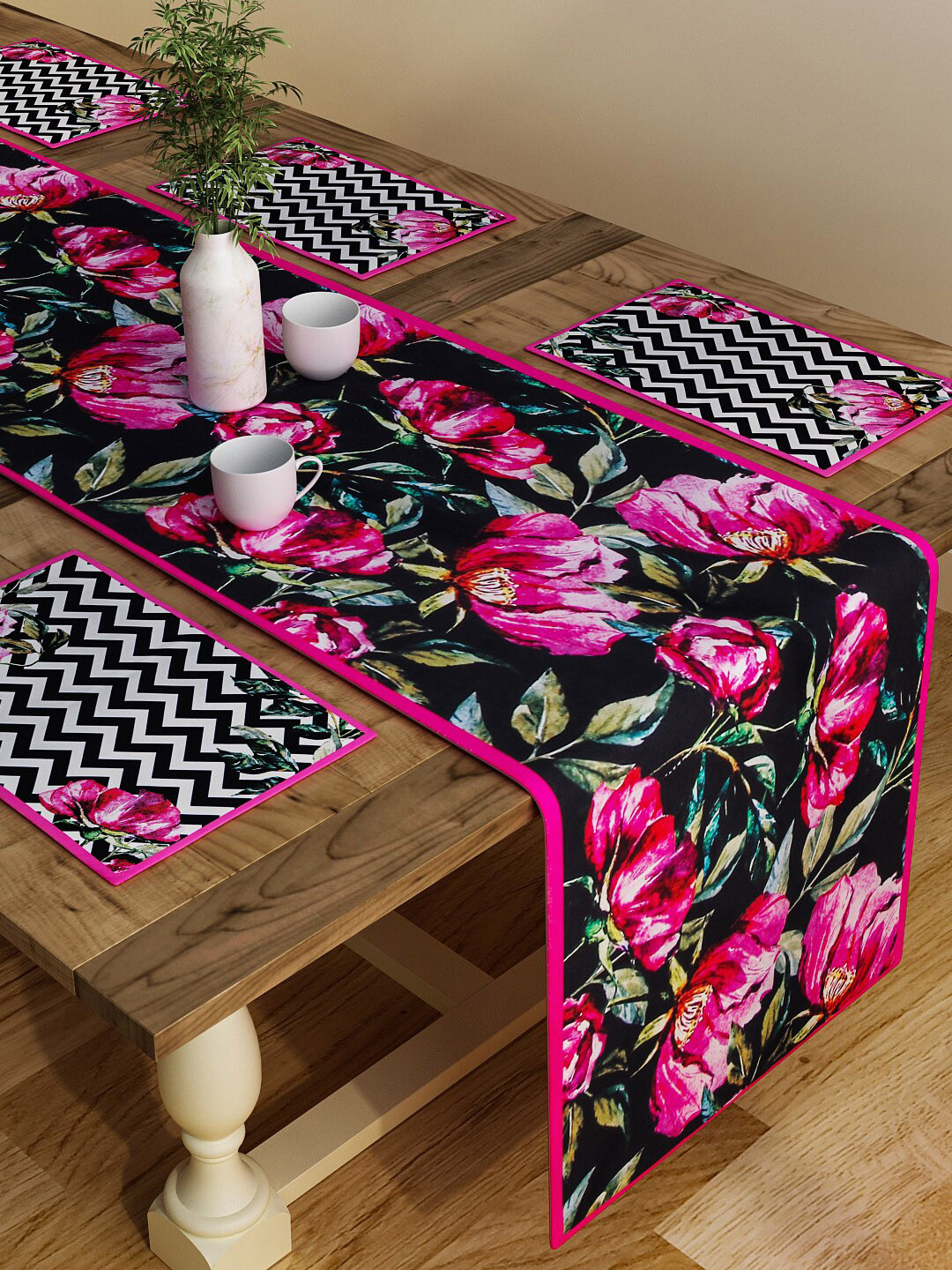 SEJ by Nisha Gupta Set of 6 Black Printed Cotton Table Placemats and Runner